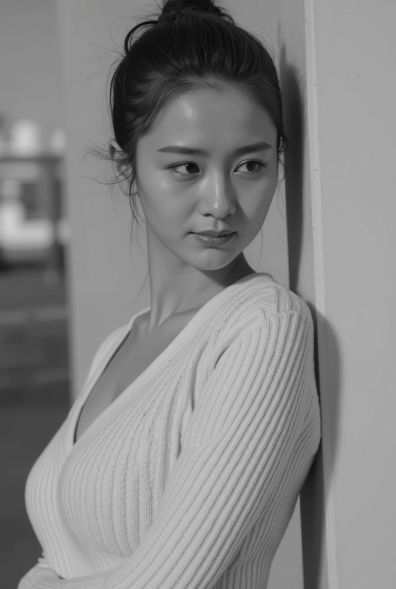 beautiful young woman , standing beside a wall . black and white photo , photoshoot
