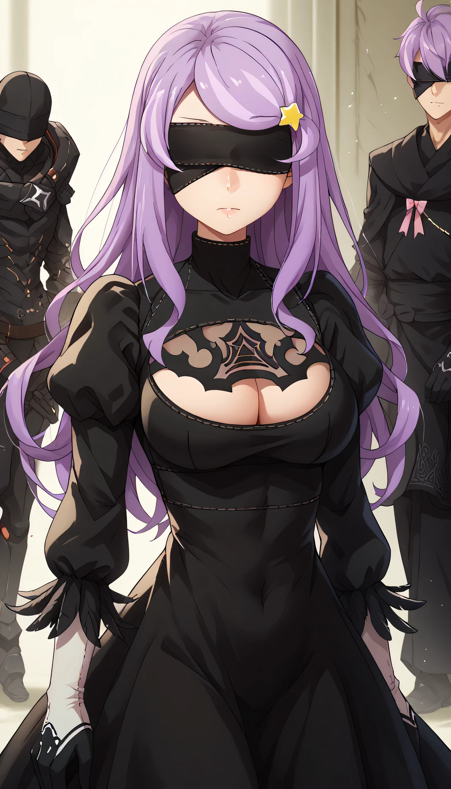 2bcosplay, 2b \(nier\:automata\) \(cosplay\), gloves, long sleeves, dress, puffy sleeves, black dress, clothing cutout, cleavage cutout, juliet sleeves, feather-trimmed sleeves, blindfold, black blindfold, covered eyes,huge breast,bow, star (symbol),anastasia hoshin, long hair, blue eyes, purple hair, swept bangs,
hair ornament, 