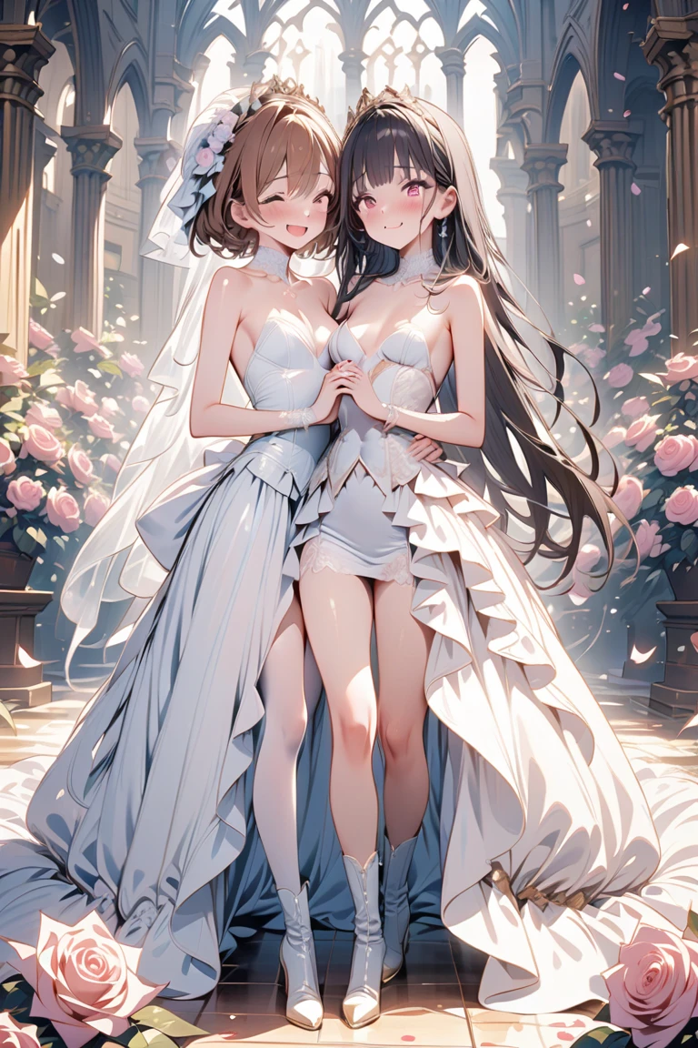 
masterpiece, ((Highest quality))、wedding、(4 cute naked girls、A good friend、Standing side by side、kawaii:1.4、12 years old、smile:1.3、smile、Mr.々Hair style、pubic hair、Smaller breasts)、(((Full nudity、Exposing the breasts、Pussy)))、(Realistic and detailed skin texture、pale pastel wedding dresses:1.2、gem、hair ornaments、Veil、See-through)