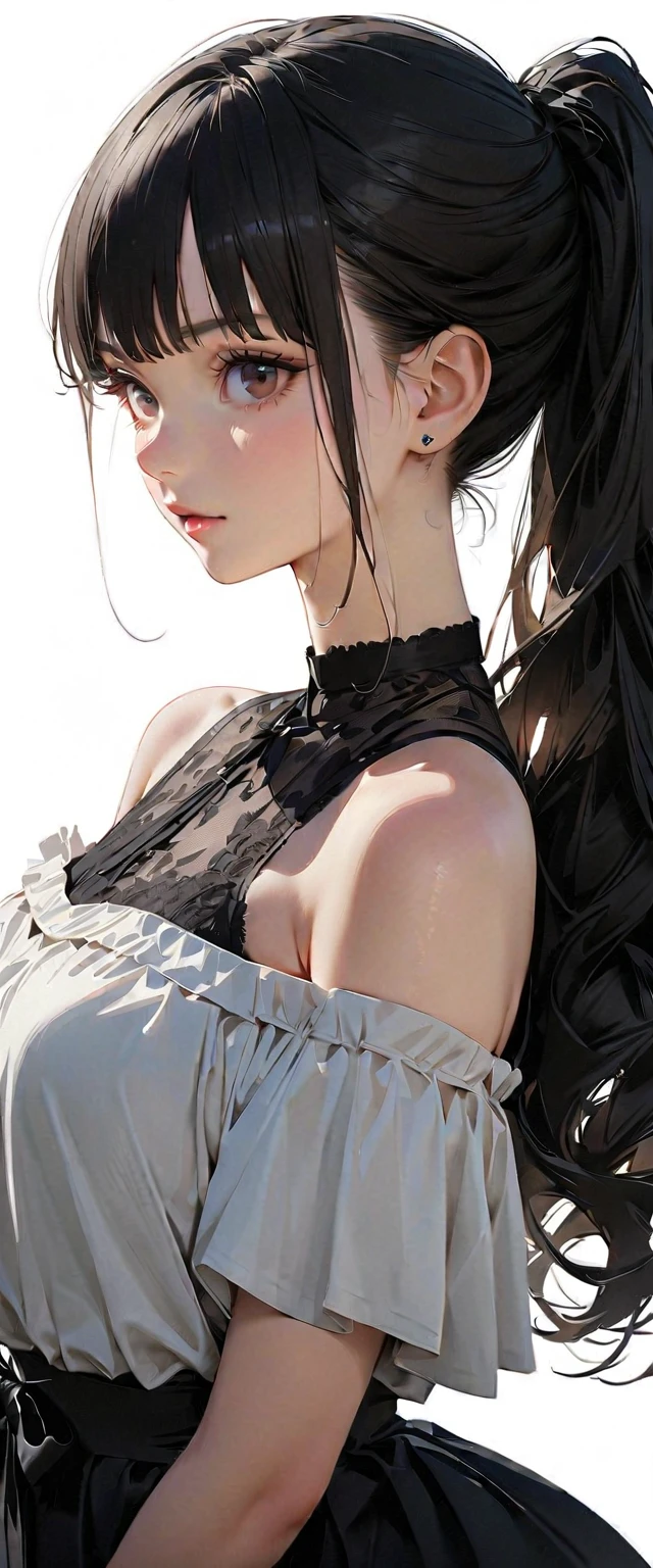 (8K、highest quality、masterpiece:1.2)、Super detailed、super resolution、Realistic、(1girl) 、(black hair)、long hair,straight hair,red eyes、forehead,sit,(face focus,cowboy shot),(white tube top white panties)、(clear face:1.3),cute face,blush、large breasts,(simple flower background),
