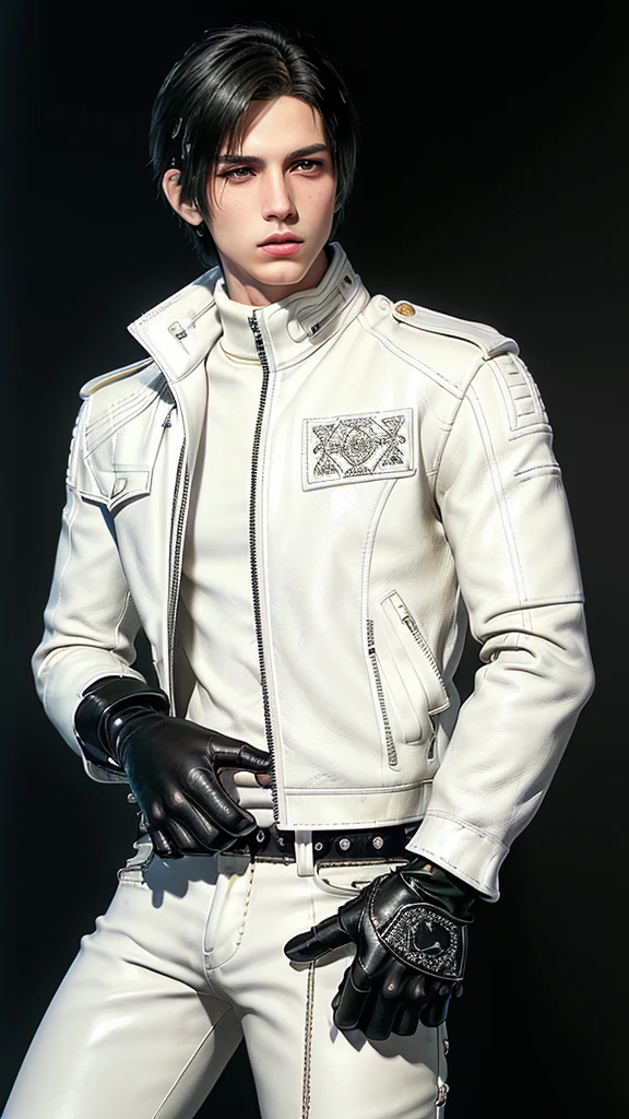 ((Final fantasy taste and reality graphics)), ((Japanese young cute and cool ikemen boy)), his age is early 20s, thin eyebrows and beady eyes, ((((he wearing white color leather very thick single-brest jacket)))),((((leather jacket is smooth luster and shiny)))), ((jacket with epaulet)), ((leather jacket close all zippers)),, ,(( jacket collar is very high length stand-up collar with belts)), , (((also wearing black color turtleneck polyester shirts))), (((tight black and leather pants))), ((((black leather tight and thin glove)))), ((black color leather knee-high raceup boots)),((head-to-toe)), ((whole body)), boy looks like fashion model,Do not show skin from the neck down,(((all his clothes are smooth design and very shining))),(((Avoid adding unnecessary decorations to your clothes))),(((all clothes is simple design and appearance))),(((don't wear jewelry on all clothes)))