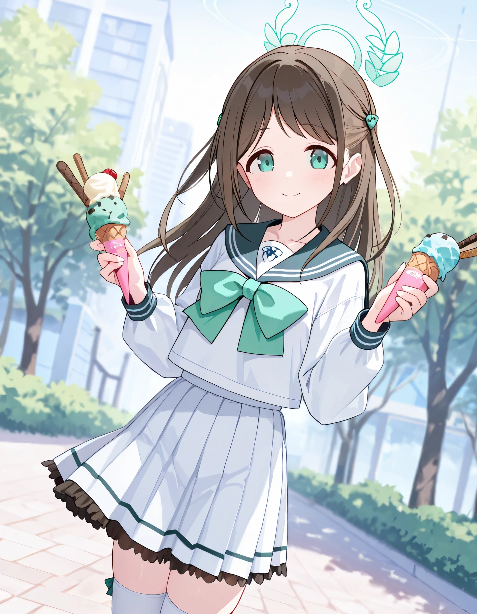 Masterpiece, hd, best quality, 1girl, smile, airi \(blue archive\), kurimura airi,green eyes,brown hair,long hair,hair ornament,halo,sailor collar,white shirt,long sleeves,green bowtie,white skirt,black frills, white thighhighs, potrait, looking at viewer, holding ice cream cone, green ice cream, standing, outdoor 