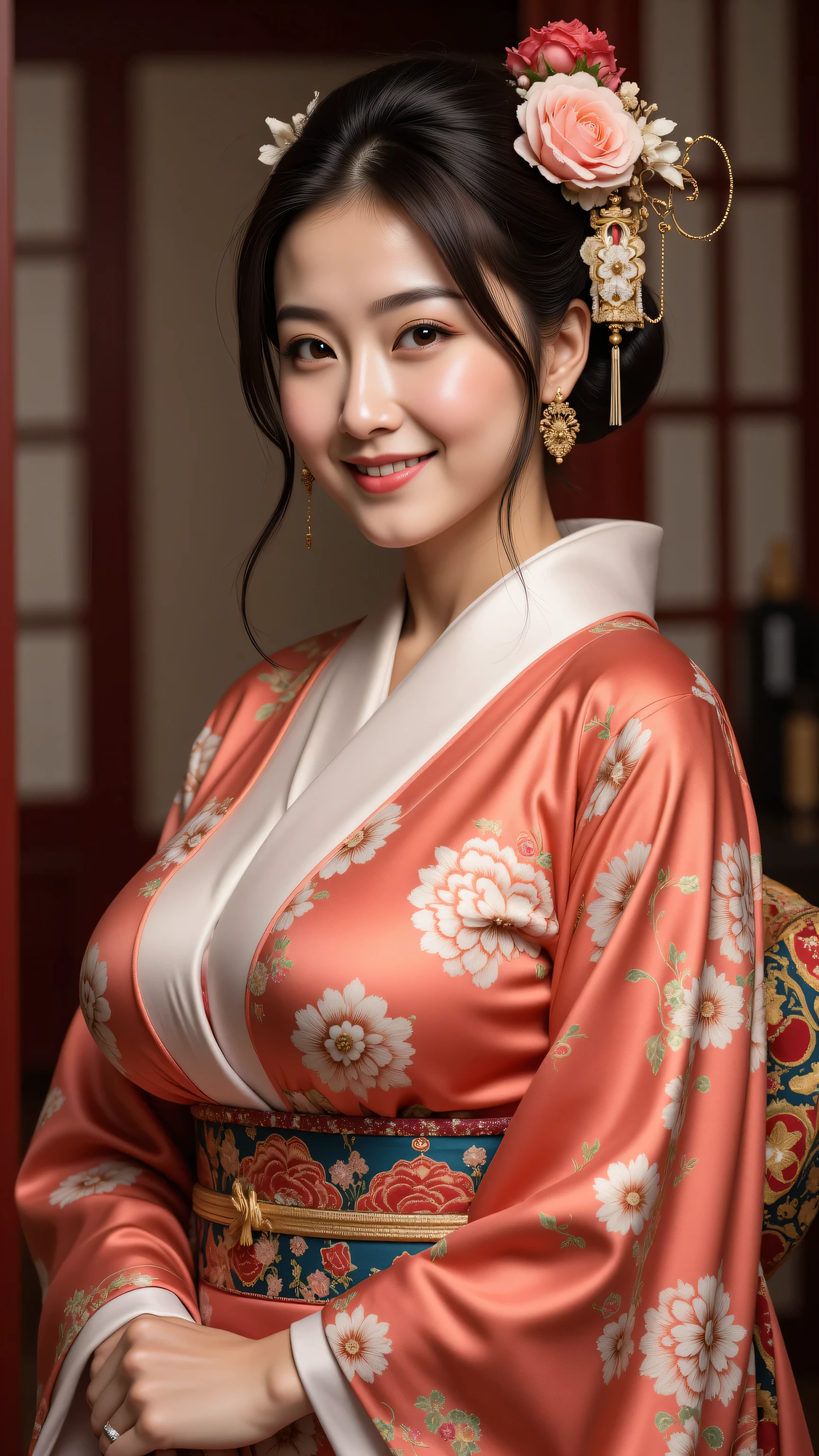 An arafed smiling japanese woman in a japanese traditional folk kimono dress standing in a room, wearing ancient chinese clothes, palace ，an oiran, a girl in hanfu, hanfu, traditional chinese clothing, with acient chinese clothes, chinese dress, japanese kimono, chinese costume, traditional beauty, ancient chinese princess, japanese clothes, chinese style, traditional japanese colors, wearing kimono, ancient chinese beauties, Create a prompt that captures the essence of ancient Japan through an artist's interpretation. The scene should feature a photorealistic, well-rounded Japanese female character who embodies vivacity and grace, showcasing her in a traditional silk kimono as she smiles gently. Utilize a wide-angle view to emphasize symmetrical image composition, with a cinematic angle that reveals a beautifully designed ancient oriental interior in the background. Employ soft lighting to enhance the ambiance, ensuring that the character’s shiny hair and lifelike features are depicted with precision. Focus on creating central leading lines that guide the viewer's eye through the depth of the scene, while highlighting the intricate details of both the wardrobe and the environment. Please ensure the artwork reflects an immersive ancient Japan theme, enriched by the textures and vibrancy typical of a MajicMix or silkpunk style, without including any inappropriate elements.Accurate, 