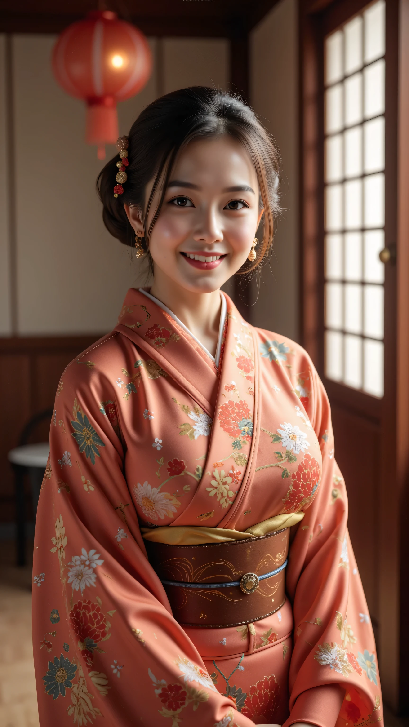 An arafed smiling japanese woman in a japanese traditional folk kimono dress standing in a room, wearing ancient chinese clothes, palace ,an oiran, a girl in hanfu, hanfu, traditional chinese clothing, with acient chinese clothes, chinese dress, japanese kimono, chinese costume, traditional beauty, ancient chinese princess, japanese clothes, chinese style, traditional japanese colors, wearing kimono, ancient chinese beauties, Create a prompt that captures the essence of ancient Japan through an artist's interpretation. The scene should feature a photorealistic, well-rounded Japanese female character who embodies vivacity and grace, showcasing her in a traditional silk kimono as she smiles gently. Utilize a wide-angle view to emphasize symmetrical image composition, with a cinematic angle that reveals a beautifully designed ancient oriental interior in the background. Employ soft lighting to enhance the ambiance, ensuring that the character’s shiny hair and lifelike features are depicted with precision. Focus on creating central leading lines that guide the viewer's eye through the depth of the scene, while highlighting the intricate details of both the wardrobe and the environment. Please ensure the artwork reflects an immersive ancient Japan theme, enriched by the textures and vibrancy typical of a MajicMix or silkpunk style, without including any inappropriate elements.Accurate,