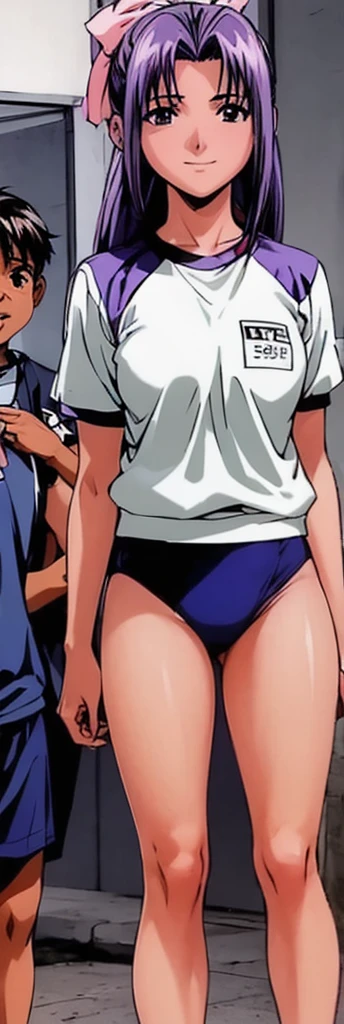 Momoko Koigakubo, a tall girl with beautiful legs, is standing with a smile on her face in a white gym uniform and light navy blue bloomers that look like panties.。Momoko Koigakubo is stroking the head of a little boy in a tracksuit.。。