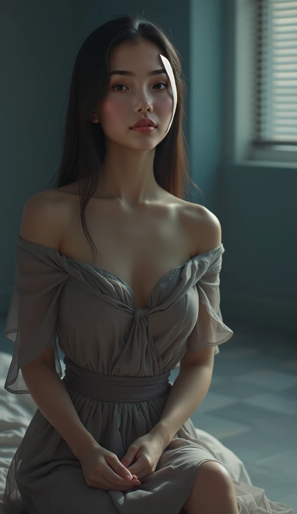 Best quality, masterpiece, ultra high res, (photorealistic:1.4), raw photo, 1girl, offshoulder, in the dark, deep shadow, low key, cold light, naked, no clothes, sexy, sexy eyes, sexy lips, little smile, (perfect hands), (perfect fingers),