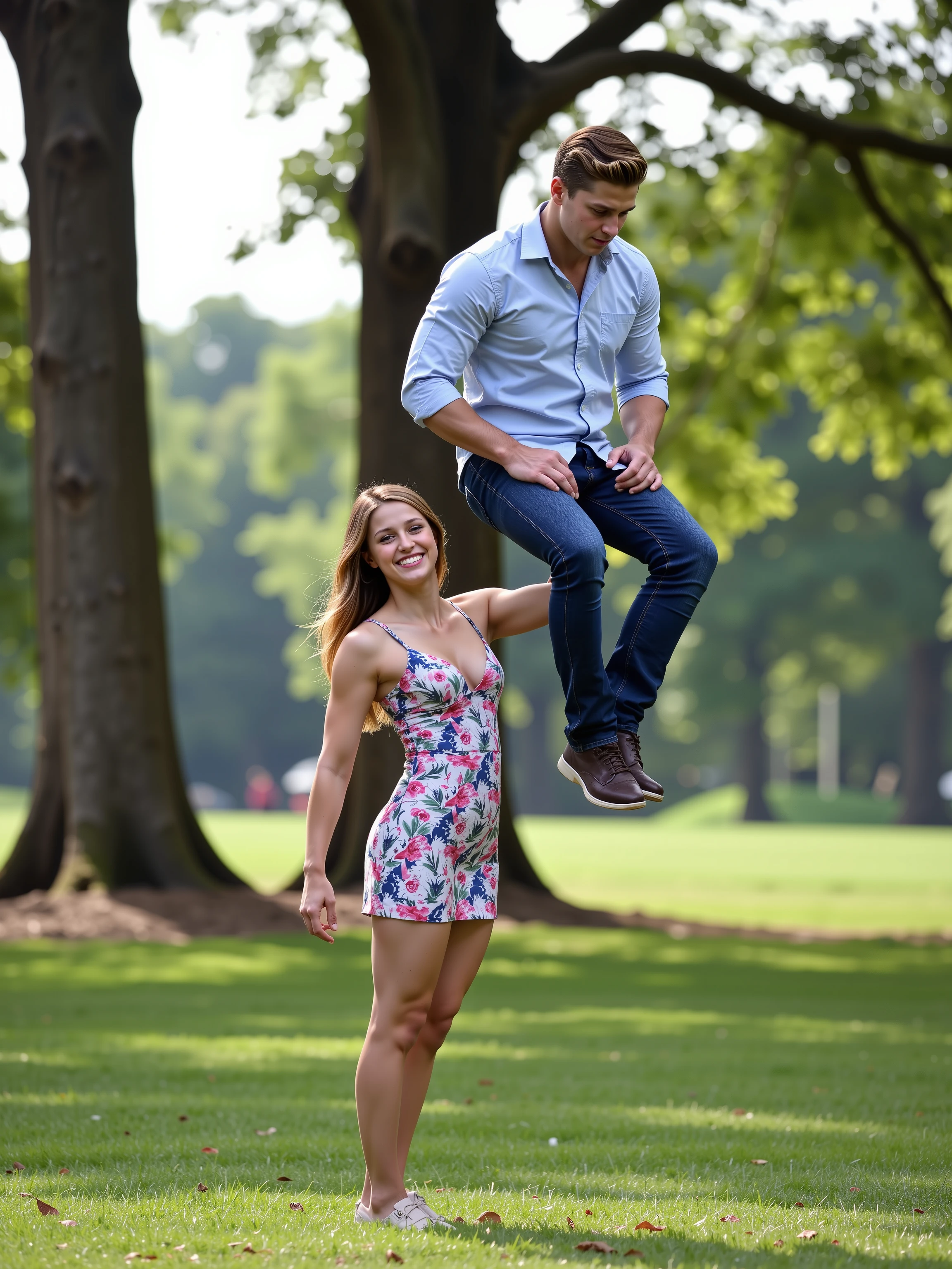 A longshot photograph capturing a ite, athletic, slim,  girl with her arm straight up while effortlessly holding a larger man aloft sitting on the palm of her hand. [The girl has long blonde hair and is dressed in a sun dress, 5’ tall, cleavage, glasses, lithe, muscular, smiling while exuding confidence]. [The man is large, 6’ tall, wearing jeans and a blue shirt, is relaxed and sitting on her hand]. The setting is a park, with soft, natural light filtering through, casting subtle shadows.