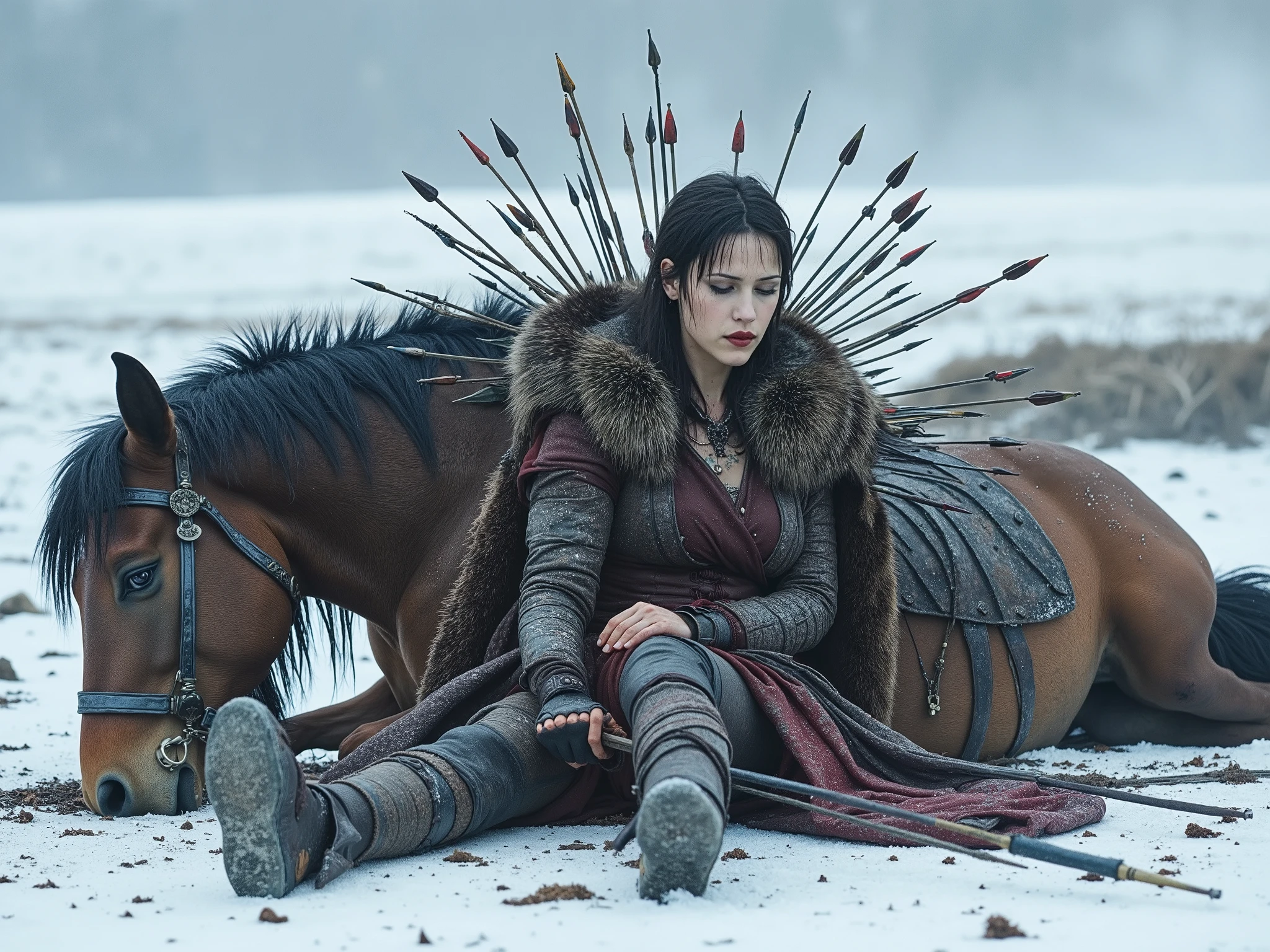 female warrior queen sitting weakly bloodied and dead on a snowy battlefield with multiple arrows piercing her body. sitting with her back slumped against a fallen dead horse multiple arrows embeded in her body like pins in a cushion.