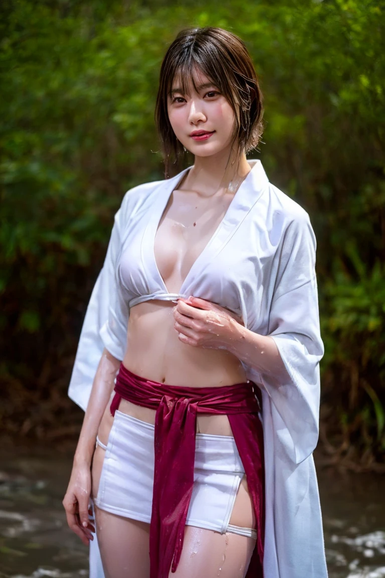 1girl, solo, Beautiful face, Perfect Face, tiny body, baby face, 14-year-old, competing in karate, in the forest, black hair, short hair, wet hair, karate clothes, black belt in karate, thin silk fabric, shirt button opens, no wear bra, white panties, show completely chest, blood on clothes, gory, dusty, sap stains, drenched, deep mud, wear handcuffs, chain, pierce, wear a leash, deep wound, show off naked pussy, nipples