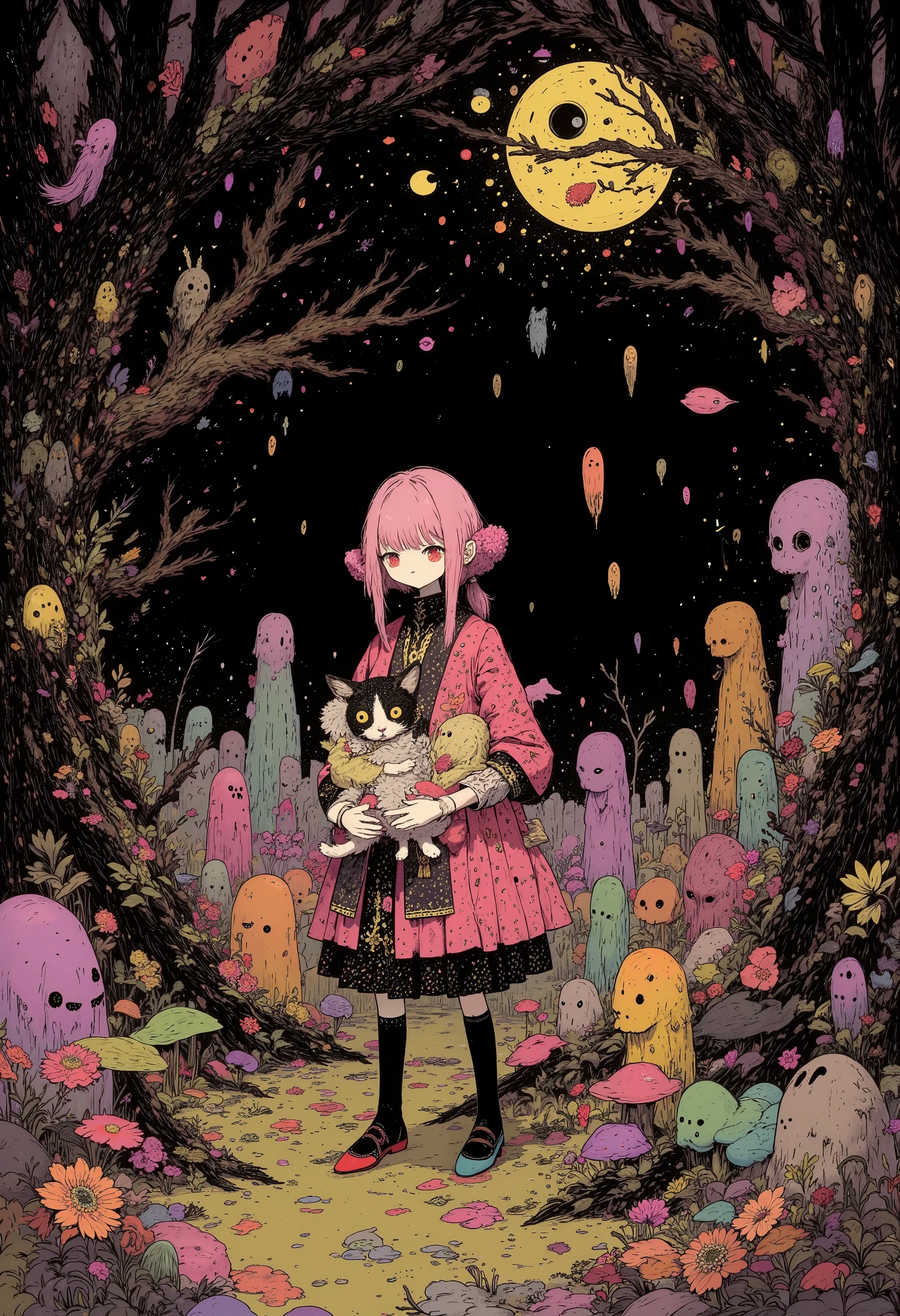 High Definition, masterpiece, Accurate, top quality, High Definition model, high detail, (((The textures are soft))), ((matte and toy-like with a handmade premium look)), (((Tim Burton style))), walking through the woods, It's like a deep ocean, The wizard girl and her partner, the calico cat, it's cute, pop and cute horror art, The cat and girl are hugging each other tightly, Braided Ponytail,