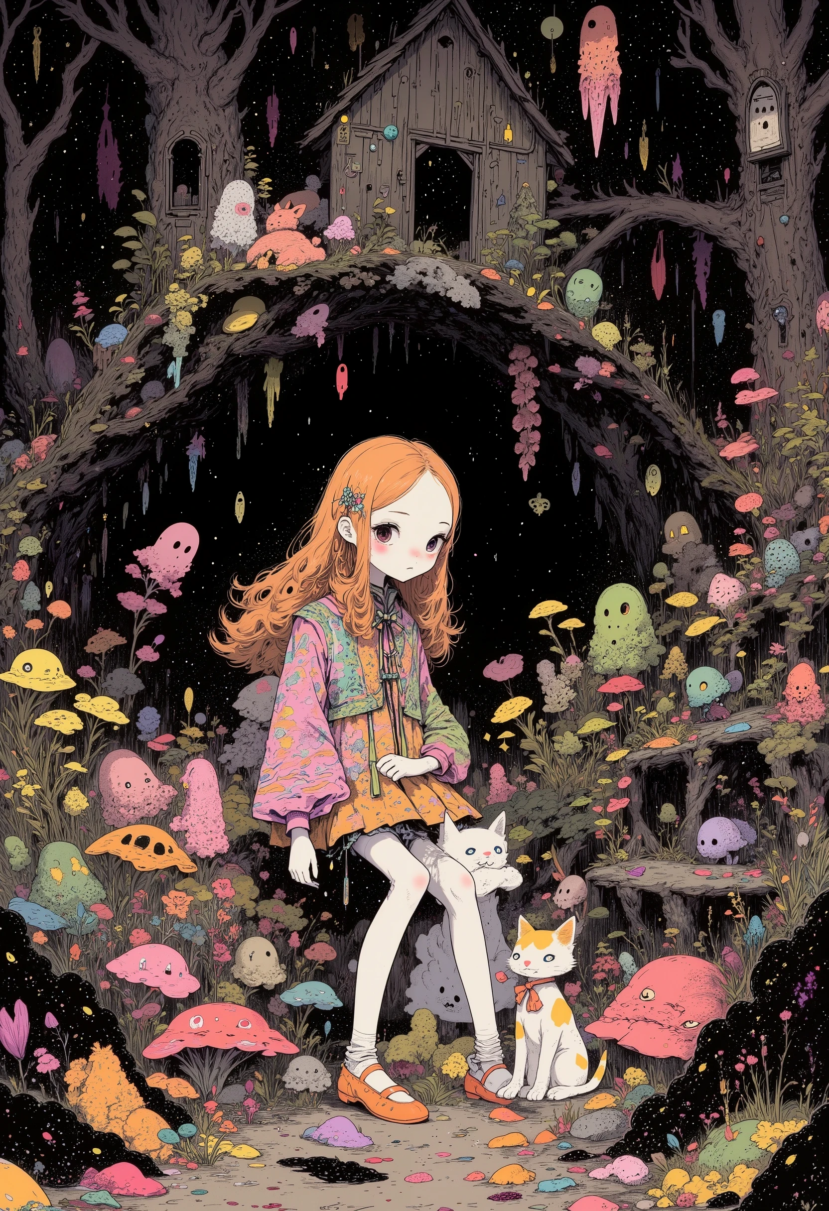 High Definition, masterpiece, Accurate, top quality, High Definition model, high detail, (((The textures are soft))), ((matte and toy-like with a handmade premium look)), (((Tim Burton style))), walking through the woods, It's like a deep ocean, The wizard girl and her partner, the calico cat, it's cute, pop and cute horror art, The cat and girl are hugging each other tightly, Braided Ponytail, 