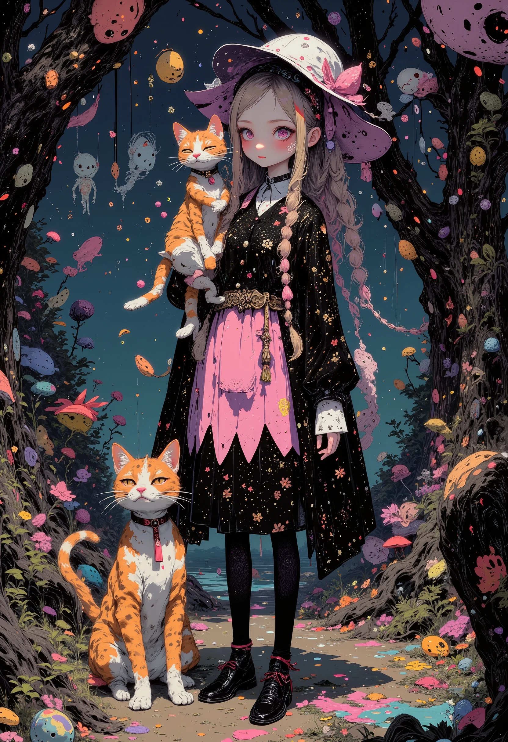 High Definition, masterpiece, Accurate, top quality, High Definition model, high detail, (((The textures are soft))), ((matte and toy-like with a handmade premium look)), (((Tim Burton style))), walking through the woods, It's like a deep ocean, The wizard girl and her partner, the calico cat, it's cute, pop and cute horror art, The cat and girl are hugging each other tightly, Braided Ponytail,