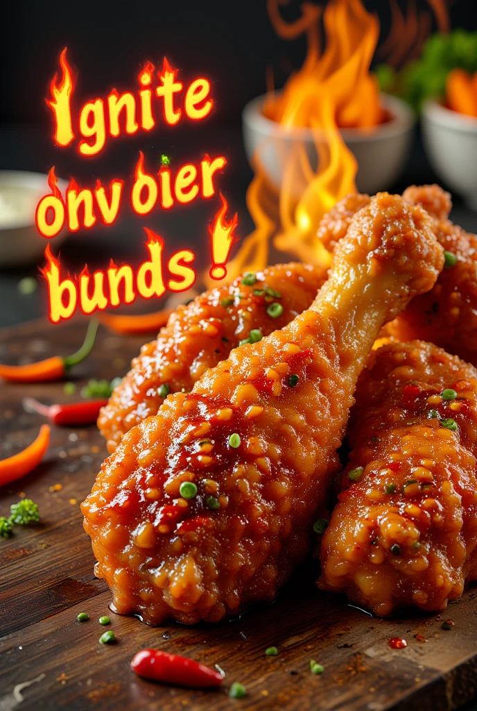 A vibrant and eye-catching advertisement for fried spicy chicken, featuring a close-up shot of a perfectly crispy drumstick, glistening with a spicy glaze. The chicken is surrounded by a burst of fiery red and orange chili peppers, emphasizing the heat and flavor. In the background, a rustic wooden table is adorned with small bowls of dipping sauces and fresh herbs, adding a touch of freshness. The lighting is warm and inviting, highlighting the golden-brown texture of the chicken. Bold, sizzling text overlays the image, reading Ignite Your Taste Buds! in a dynamic, flame-inspired font. The overall mood is tantalizing and energetic, designed to captivate and entice viewers.