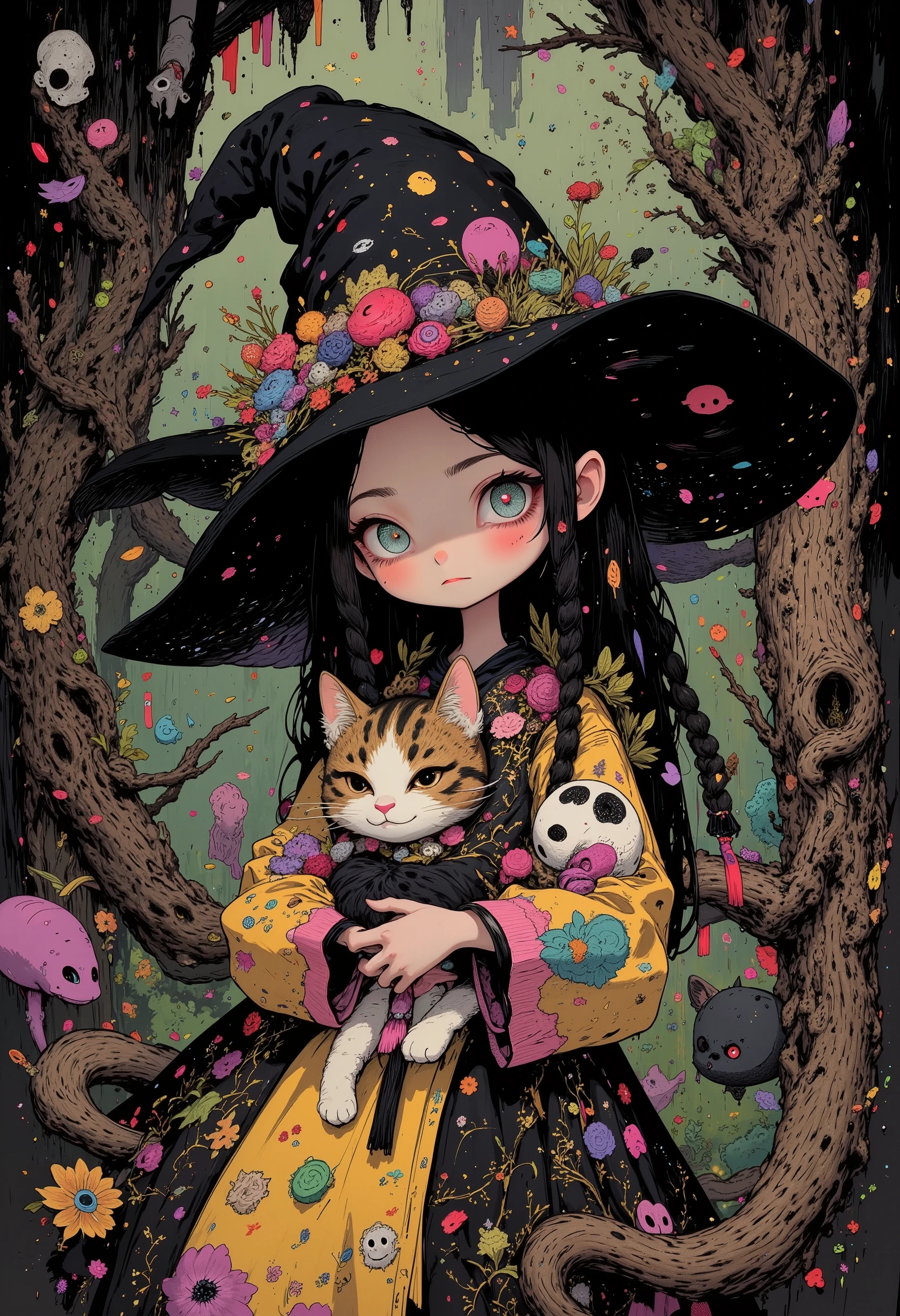 High Definition, masterpiece, Accurate, top quality, High Definition model, high detail, (((The textures are soft))), ((matte and toy-like with a handmade premium look)), (((Tim Burton style))), walking through the woods, It's like a deep ocean, The wizard girl and her partner, the calico cat, it's cute, pop and cute horror art, The cat and girl are hugging each other tightly, Braided Ponytail,