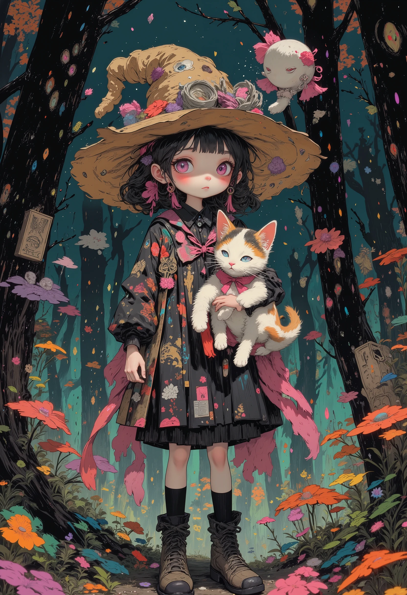 High Definition, masterpiece, Accurate, top quality, High Definition model, high detail, (((The textures are soft))), ((matte and toy-like with a handmade premium look)), (((Tim Burton style))), walking through the woods, It's like a deep ocean, The wizard girl and her partner, the calico cat, it's cute, pop and cute horror art, The cat and girl are hugging each other tightly, Braided Ponytail,