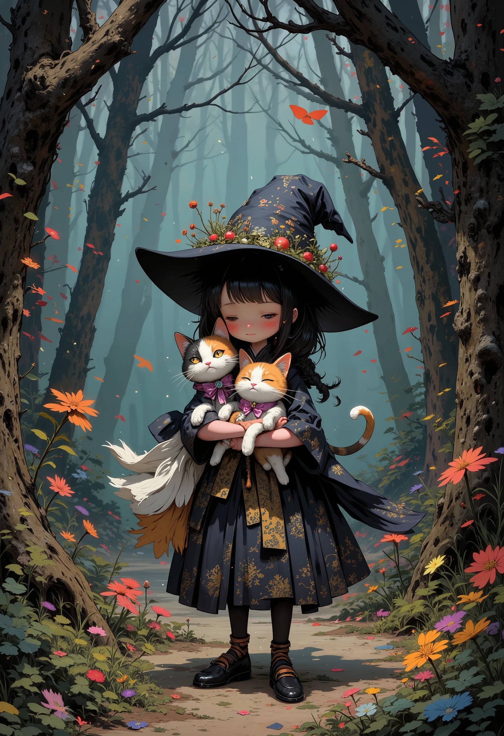 High Definition, masterpiece, Accurate, top quality, High Definition model, high detail, (((The textures are soft))), ((matte and toy-like with a handmade premium look)), (((Tim Burton style))), walking through the woods, It's like a deep ocean, The wizard girl and her partner, the calico cat, it's cute, pop and cute horror art, The cat and girl are hugging each other tightly, Braided Ponytail, 