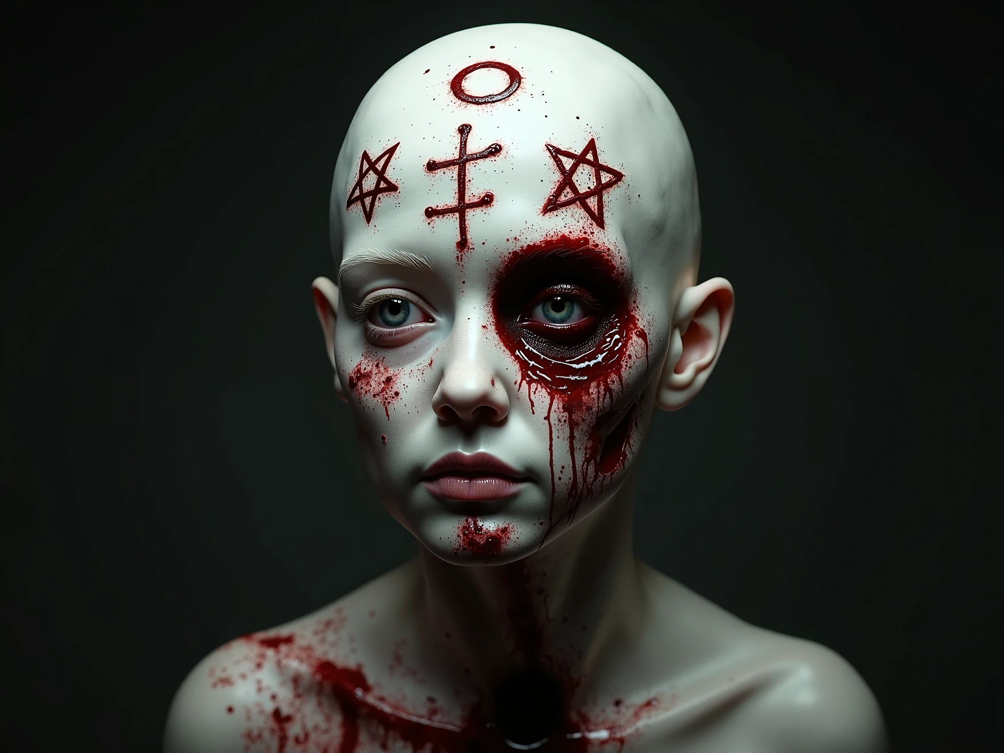 "(The best lighting, oscuro, dramatic),(Mujer alien, Hellraiser, triste, Cicatrices, , sexy, cerebro, sangre, una rata dentro de la cabeza, terror.),(ojos rojos, calaveras). morning light.