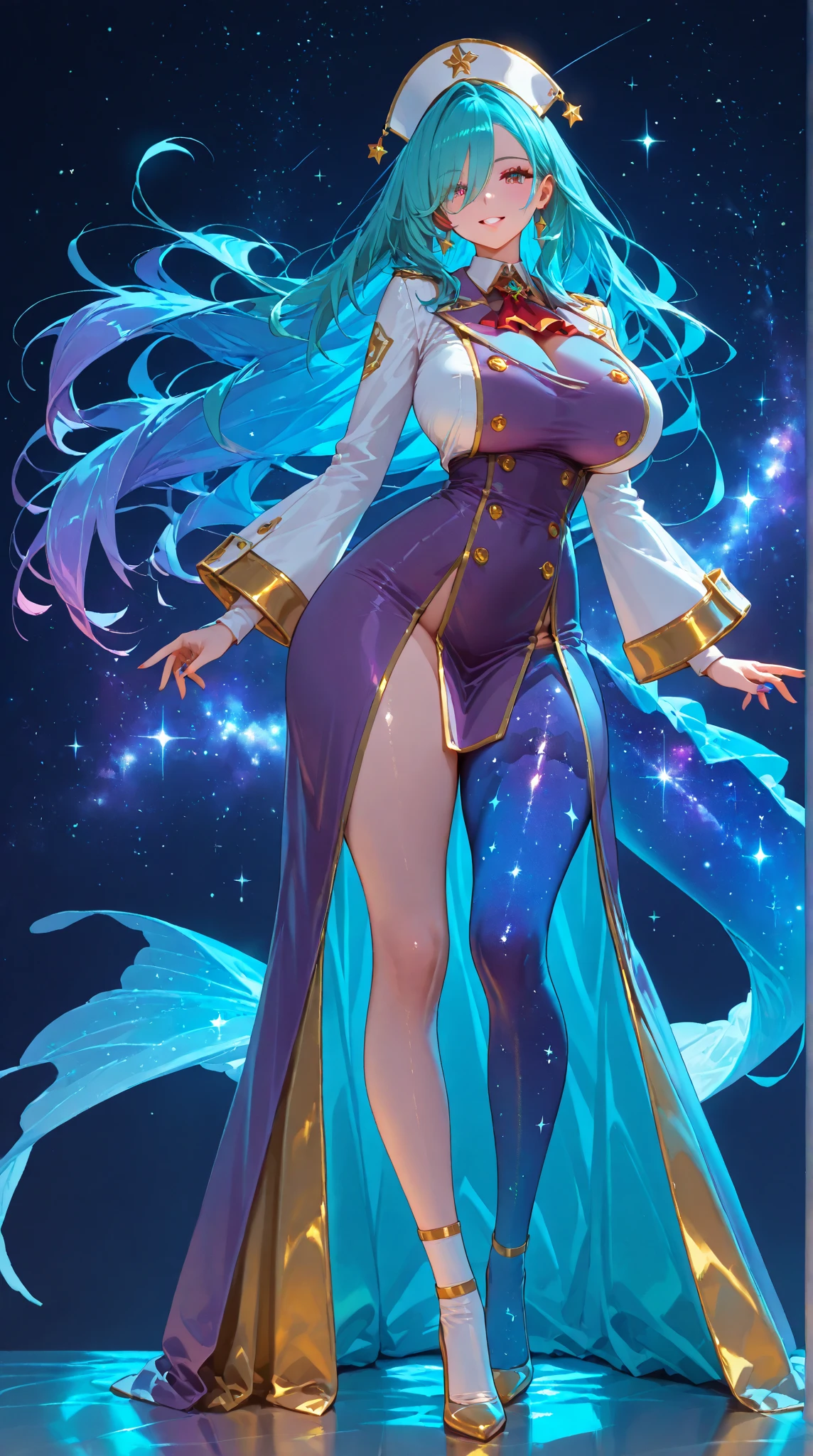 Blue haired Giantess, with curly hair, in the space sitting in a tiny planet earth, she is wearing a greco roman goddess dress color gold, big boobs