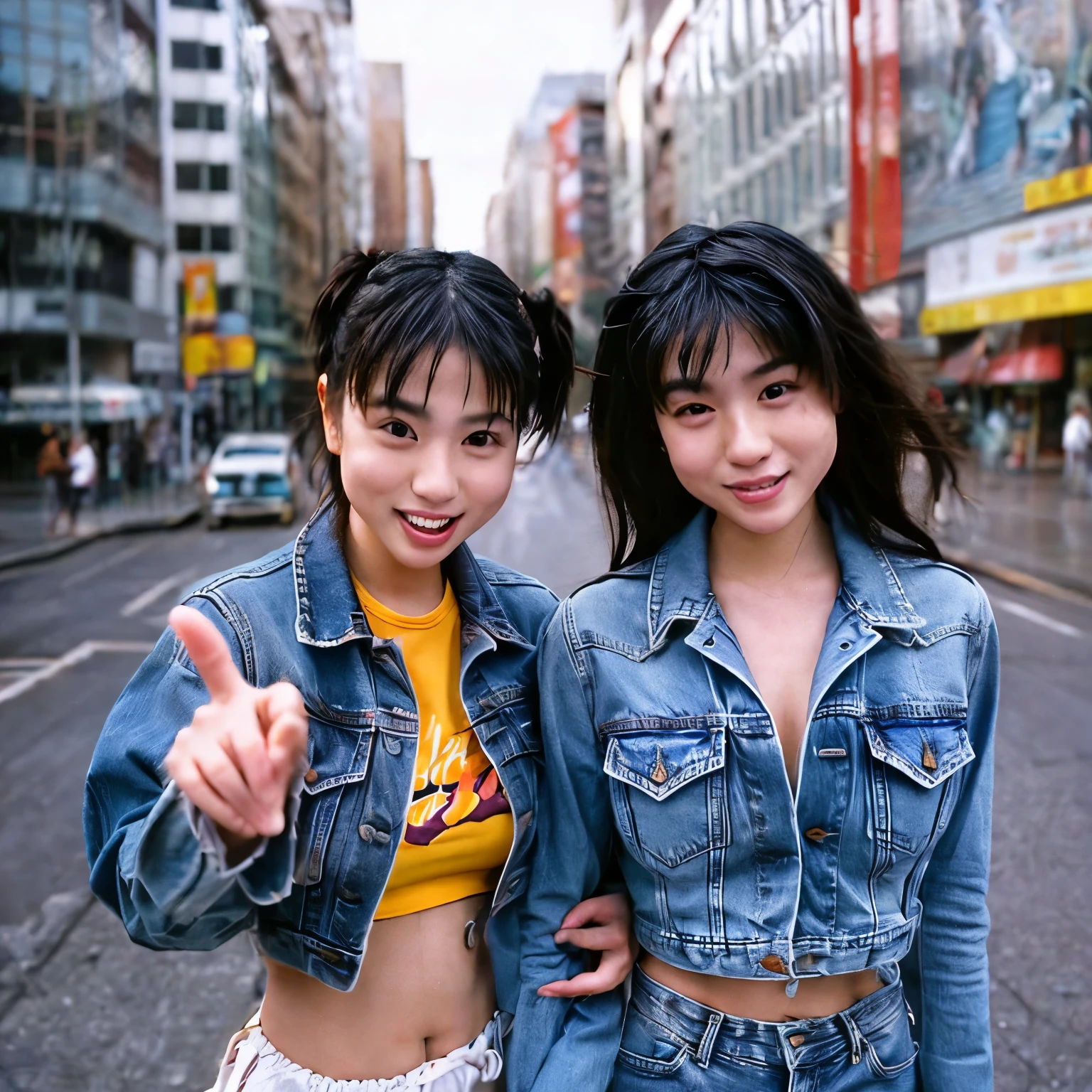basic settings
• 35mm film photography, 1990s style
• Japanese identical twin sisters, agers in the 1990s
• Captured in a nostalgic, vintage aesthetic
• Natural expressions and affectionate interactions
• Accurate anatomy, natural hand and finger positioning 16. Twin sisters in 90s fashion—denim jackets, crop tops, high-waisted jeans, walking in sync.