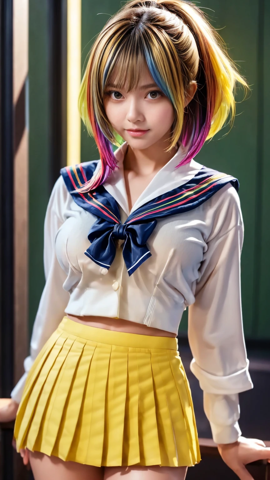 uruseiyatsuraran, ran, long hair, bangs, pink hair, hair bow, red bow (pink eyes:1.5), smile, shirt, long sleeves, school uniform, sailor collar, neckerchief, yellow neckerchief, shirt, blue shirt, blue sailor collar (blue skirt:1.5), indoors classroom, looking at viewer (cowboy shot:1.5) (masterpiece:1.2) best quality, high resolution, unity 8k wallpaper (illustration:0.8) (beautiful detailed eyes:1.6) extremely detailed face, perfect lighting, extremely detailed CG (perfect hands, perfect anatomy)