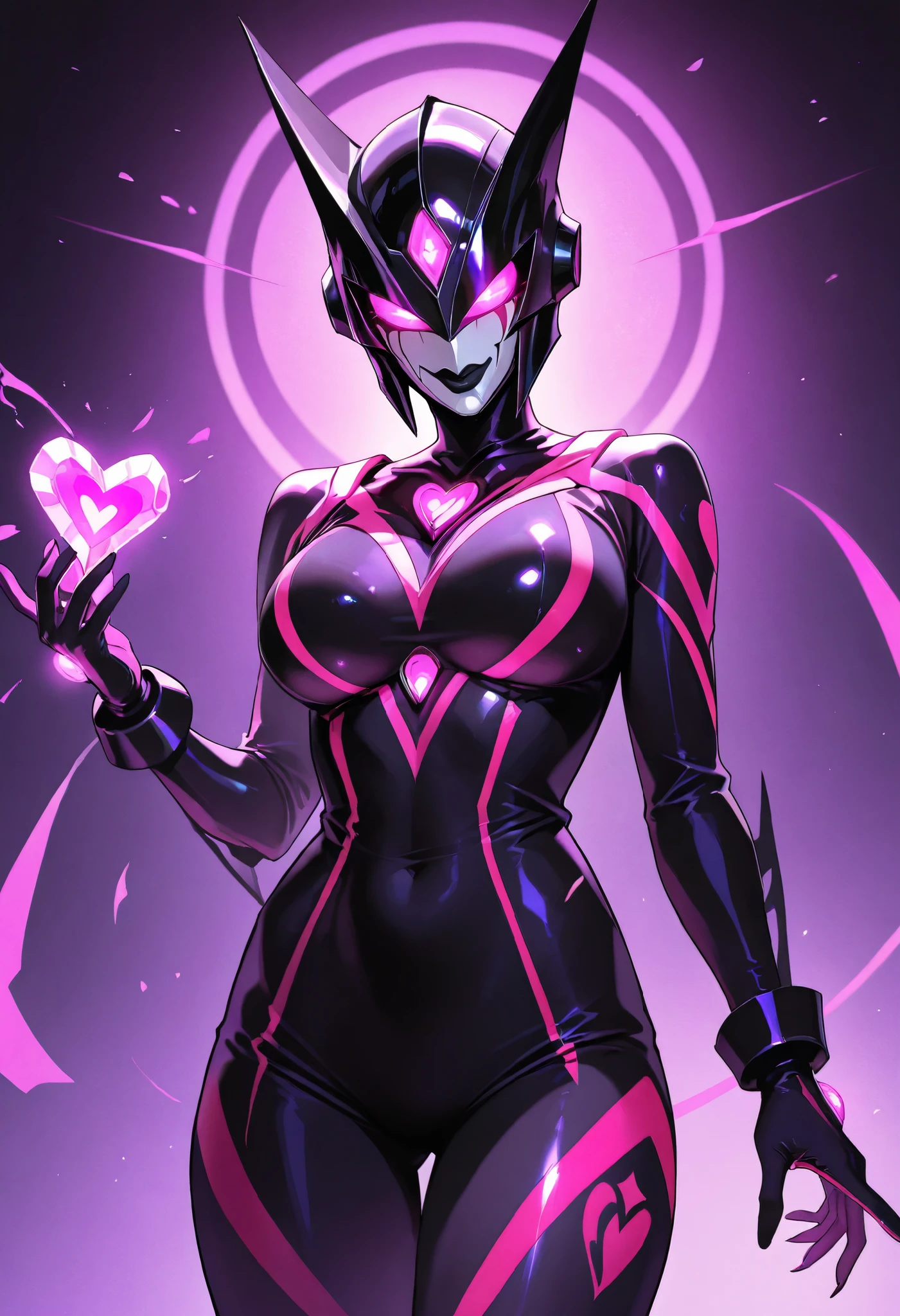 Dark UltraWoman. (high quality)(luster)((Black Face and red eyeline))(Black and purple thema color. black helmet. A full-face helmet. Pink lines. Purple glowing mechanical eyes. The whole body is covered with a black bodysuit. Thick legs. Spike decoration. Pink lines all over the body. Heart tattoo . purple coloreye. pink glow crystal. pink sharp claw. Night background.