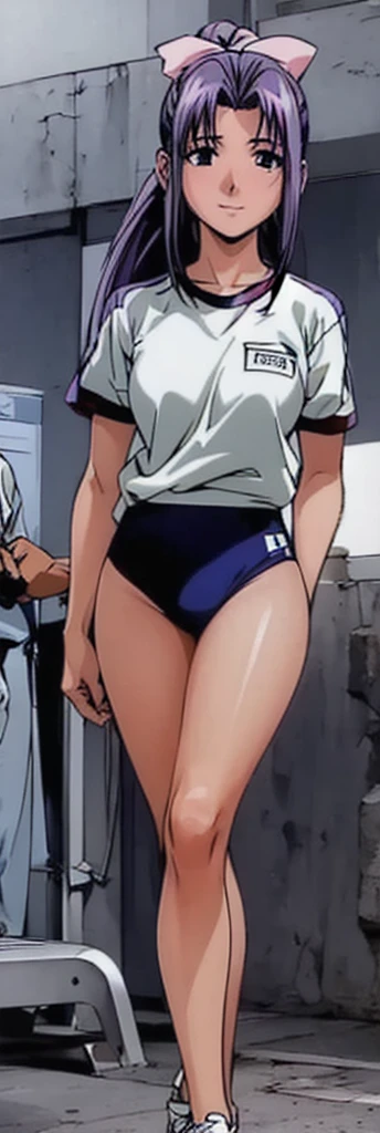 Momoko Koigakubo, who is tall and has beautiful legs, is standing with her legs spread to the side and her mouth open, wearing white gym clothes and light blue panty-shaped bloomers.。Doing Comanechi pose。blush。