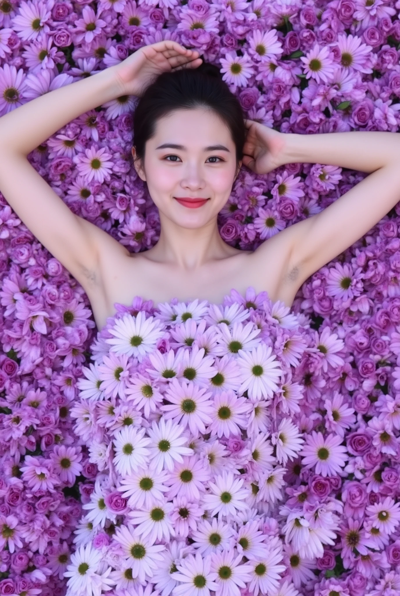 A young woman, likely Asian and in her late s or early twenties, lies on a bed of many cosmos flowers. She is positioned in the center of the image, lying on her back, with her body covered in meticulously arranged cosmos flowers. The cosmos are various shades of purple, tightly clustered around her. Her skin is light, and there is blush on her cheeks. She is smiling, and her eyes are looking directly at the viewer. Her hair is dark and pulled back. Her body is slender, and her pose is relaxed and delicate. The setting is a studio environment, with the background consisting of a large number of cosmos flowers. The lighting is soft and diffused, creating a gentle and romantic atmosphere. The colors are predominantly purple, with subtle variations in tone. The composition is focused on the woman and her relationship with the cosmos background, drawing the viewer into the scene. The overall style is artistic, evocative of feminine beauty, and romantic. The image focuses on the artistry of the cosmos flowers placement and the subject's tranquil expression. Reality,Realistic, perfect hands, perfect fingers high quality, best quality, high resolution, highly detailed, HDR, UHD, vivid colors,1girl