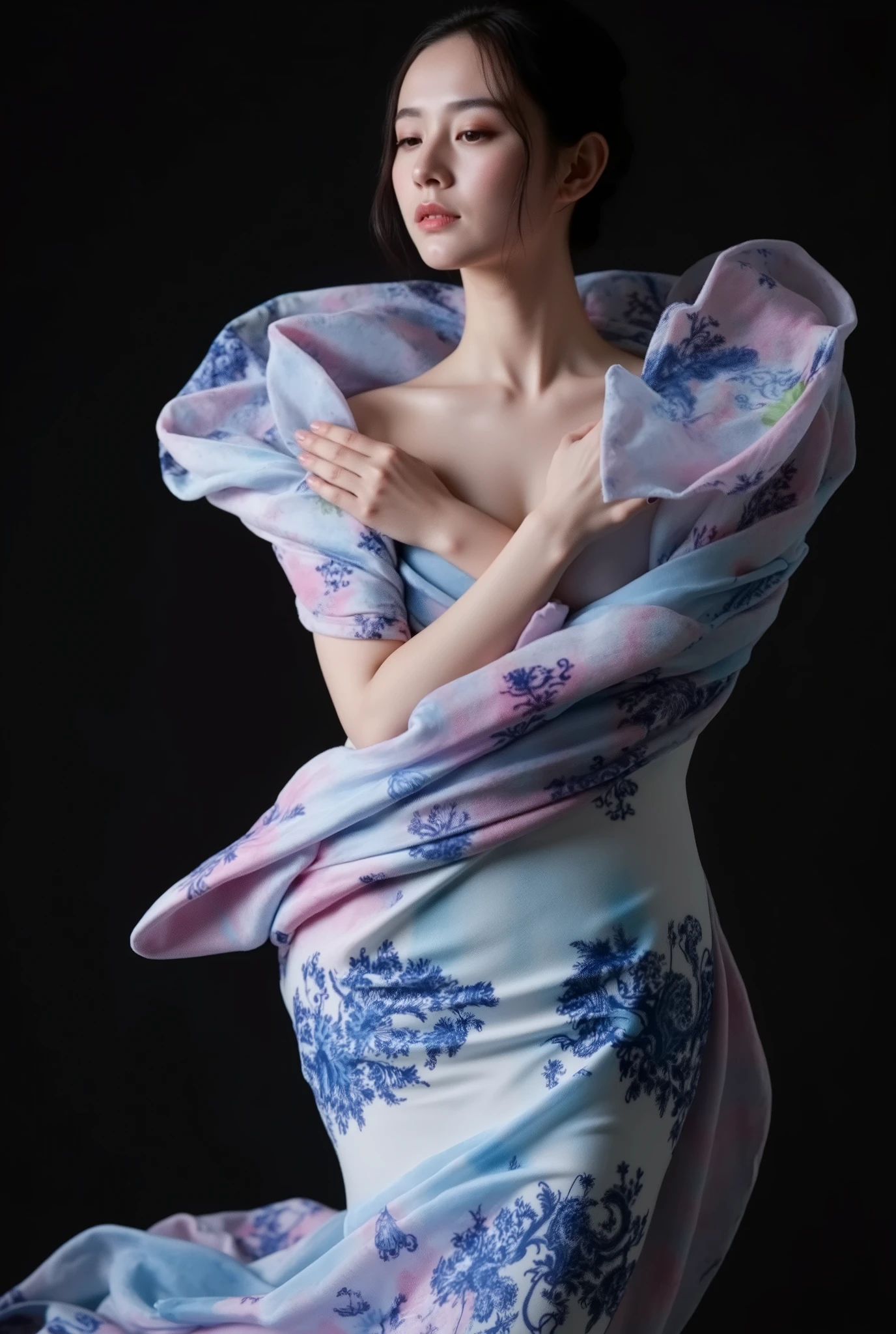 A sensual illustration featuring an elegant figure draped in a silky flower that wraps gracefully around the body, its petals mimicking the delicate patterns of blue and white porcelain. Rendered in the chiaroscuro technique, the artwork masterfully balances high contrast with soft, pastel hues, creating an ethereal glow. The vintage and retro aesthetic is evident in the flowy design and intricate details, while the matte painting style enhances the textures and softness. Inspired by the works of Hannah Dale and Harumi Hironaka, the piece radiates elegance and drama, with vibrant yet muted tones that evoke a sense of timeless beauty. Every detail is highly refined, from the silky texture of the flower to the porcelain-inspired patterns, creating a harmonious blend of vintage charm and modern artistry