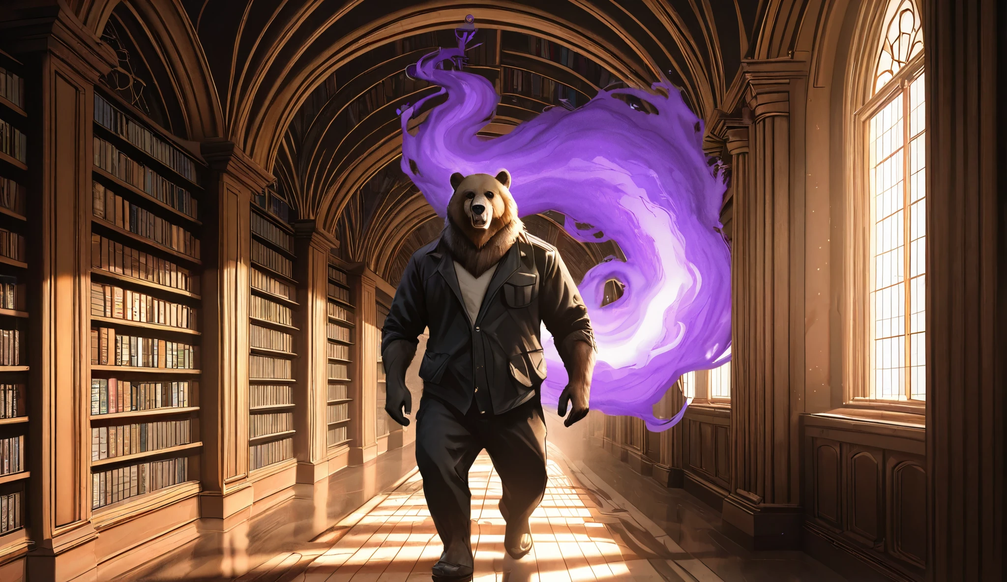 SCP-1313 - SOLVE FOR BEAR, from SCP lore, SCP-1313 is an anomalous series of logical processes, capable of being defined as a mathematical equation to which the answer is a single female specimen of Ursus arctos, a tangible, adult, and frequently enraged grizzly bear. Magical realism is illustrated as a colored dispersion of floating medium-length ripples, colored oil pastel tones, luminous, foreground colored smoke, enhancements, (((library interior))), trending on artstation, 4k, 8k!!!!!