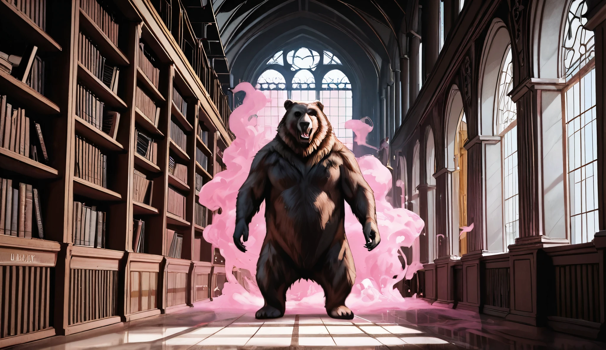 SCP-1313 - SOLVE FOR BEAR, from SCP lore, SCP-1313 is an anomalous series of logical processes, capable of being defined as a mathematical equation to which the answer is a single female specimen of Ursus arctos, a tangible, adult, and frequently enraged grizzly bear. Magical realism is illustrated as a colored dispersion of floating medium-length ripples, colored oil pastel tones, luminous, foreground colored smoke, enhancements, (((library interior))), trending on artstation, 4k, 8k!!!!!