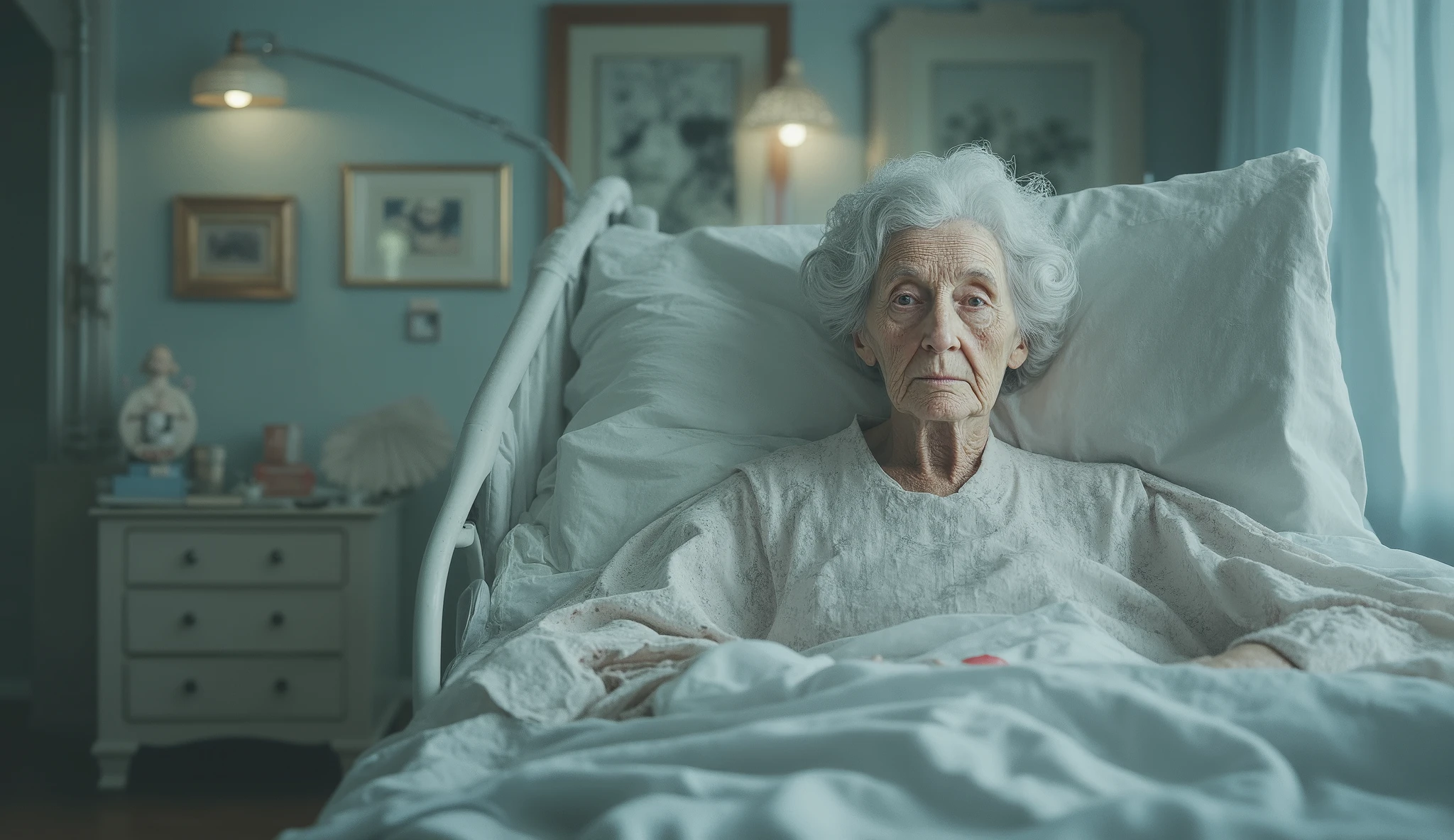 An elderly woman in her hospital bed, surrounded by a soft mist of memories. In her eyes, there is a mix of peace and reflection, while shadows of her past surround her: her family, her ren, her life lived. The room is quiet, and a soft light envelops her as she connects with the memories of her life before departing.