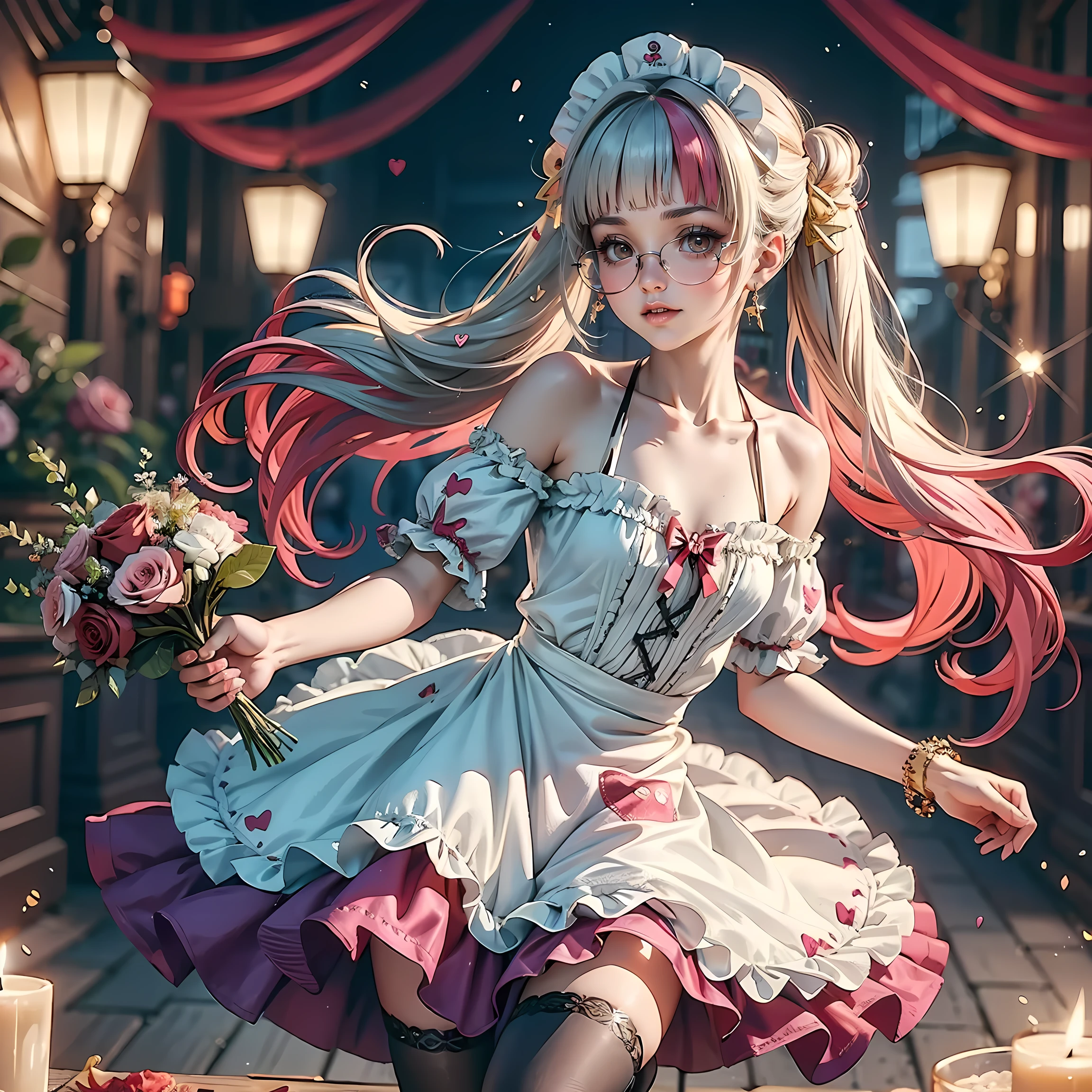 1girl, casually sitting on top of a giant red heart made of glass, holding a medium bouquet full of red roses with both hands, red and black elegant expensive outfit, high heels, magical background, seductive smile, cowboy shot, dress, solo, buns hairstyle, ahoge, armpits, bare shoulders, harness, glow eyes, maid dress with bare shoulder, chest sarashi, collarbone, cowboy shot, stomach, strapless, white apron, maid dress, maid, streaked hair, thigh gap, very long hair, long flowing hair, floating hair, multicolored hair, magical girl, perfectly body, gold jewelry, twintails, jewelry, harness, Valentine's aesthetic, Cute beautiful slim hair, with big lips, freckles, blue eyes, long hair with long straight hair and bangs, perfect body, perfect hands,In black tights, thick thighs, prescription glasses, maid uniform, maid dress, maid apron, small skirt, harness, gold jewelry, more details, best quality, blushing, maid headdress, maid dress with too many frills, short skirt, sparkle, centered girls, cowboy shot, glowing hair, magical girl, sparkles, more details on her clothes, dress with transparency, golden details on her dress, night