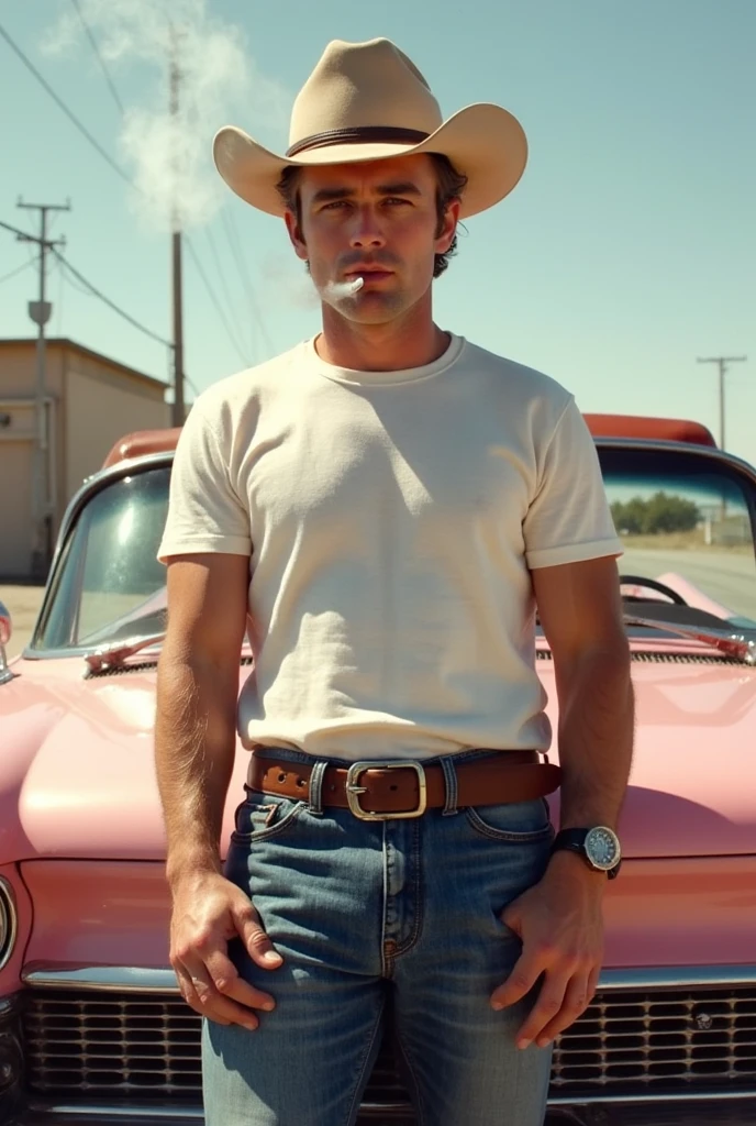 A handsome man in a black dress and a black cowboy hat getting off a car with his shirtless boyfriend who had gotten drunk. Handsome cute gay guy on a farm.