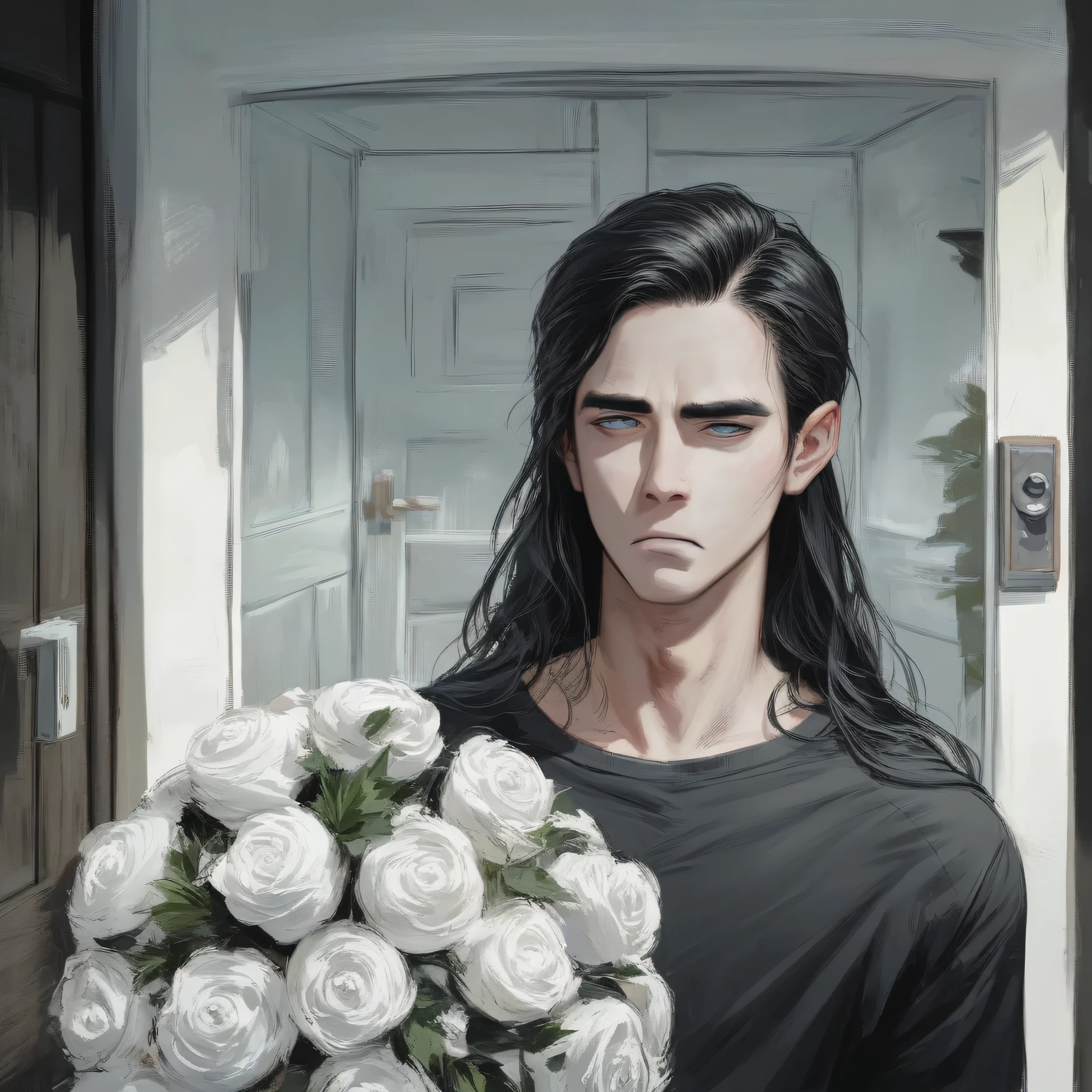 1male solo, 23 year old, black hair, long hair, straight hair, shoulder length-hair, blue eyes, boyishly handsome, vampire fangs showing, tired and sleepy eyes, scrawny and slender body, elegant black shirt. Holding up a bouquet of white roses in between both hands, looking flustered, mouth slightly open. He is standing in the porch of a house, infront of the front door, offering the bouquet to the viewer, warm ilumination.
(Smooth, anime boy, niji style) 