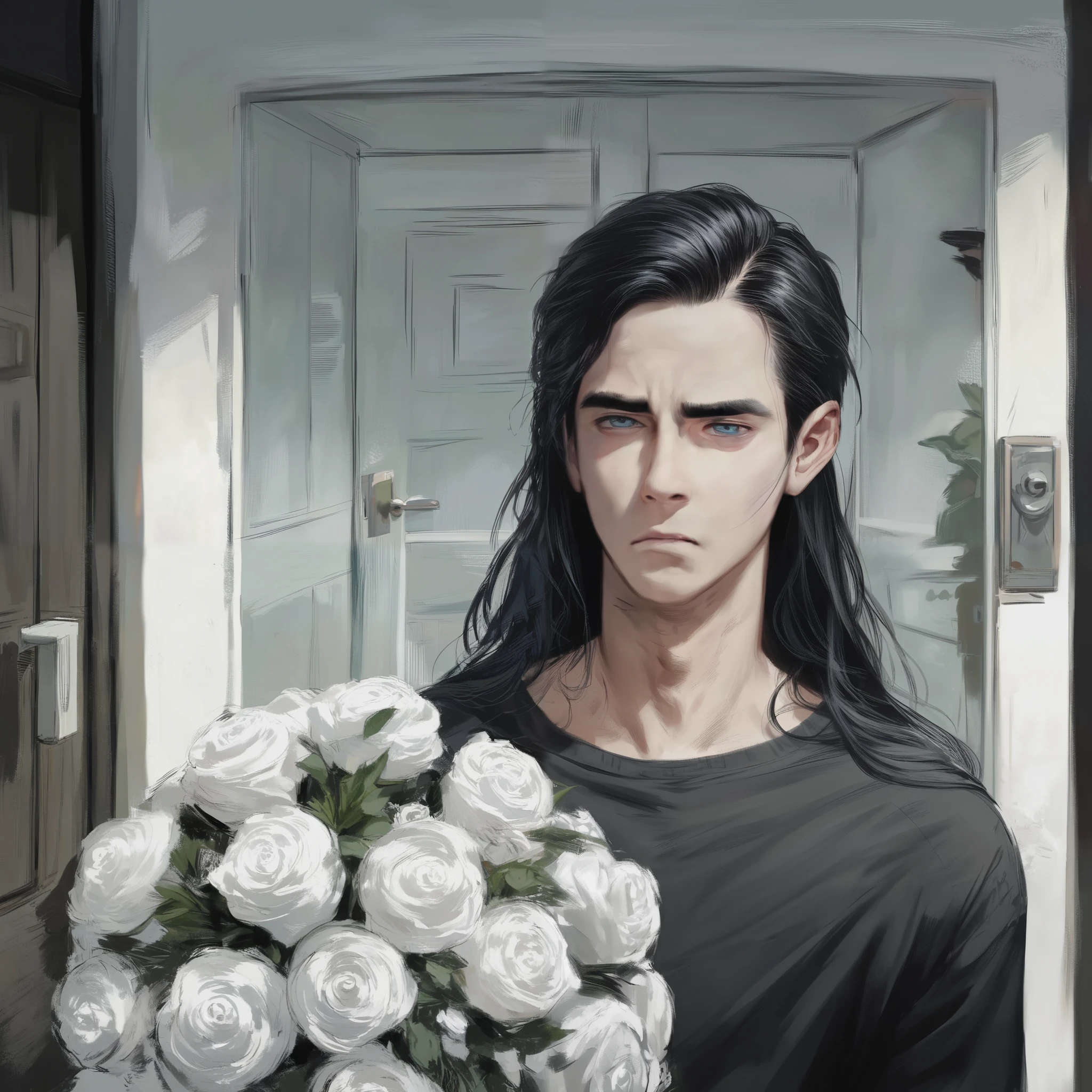 1male solo, 23 year old, black hair, long hair, straight hair, shoulder length-hair, blue eyes, boyishly handsome, vampire fangs showing, tired and sleepy eyes, scrawny and slender body, elegant black shirt. Holding up a bouquet of white roses in between both hands, looking flustered, mouth slightly open. He is standing in the porch of a house, infront of the front door, offering the bouquet to the viewer, warm ilumination.
(Smooth, anime boy, niji style)