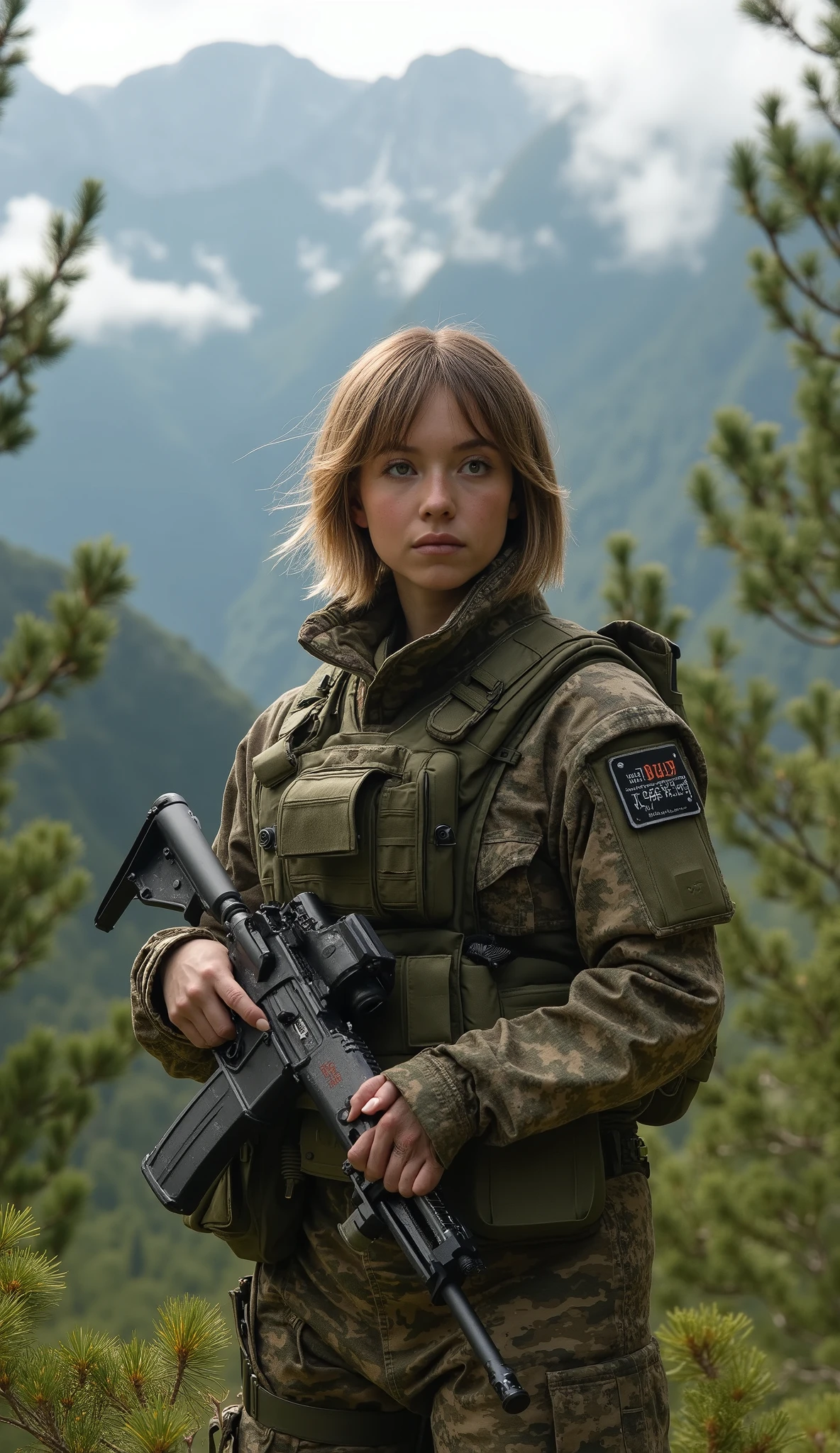 A vigilant and determined female army officer stands at the edge of a valley surrounded by towering European pine trees, her sharp gaze scanning the landscape for any potential threats. She has an ideal, well-proportioned physique built for agility and endurance. Her bob-style hair is neatly styled, ensuring a disciplined and professional appearance. She wears a full tactical camouflage uniform designed for woodland operations, blending seamlessly with the natural surroundings. Over her uniform, she dons a reinforced tactical vest equipped with utility pouches, ammunition slots, and protective padding, reflecting her readiness for any mission.
Captured in a dynamic three-quarter portrait, she holds a modern rifle securely in her hands, her posture strong and composed. Her focused eyes are locked straight ahead as she surveys the terrain with tactical awareness. The background showcases a breathtaking valley with steep, forested slopes covered in lush green pine trees, their needles swaying gently in the crisp mountain air. Mist rolls through the valley, partially obscuring the distant hills, while soft beams of sunlight pierce through the clouds, casting a golden glow on the rugged terrain. The atmosphere is calm yet tense, as if danger could emerge at any moment. Her stance and expression embody discipline, resilience, and the unwavering spirit of a soldier prepared for any challenge in the wild.
