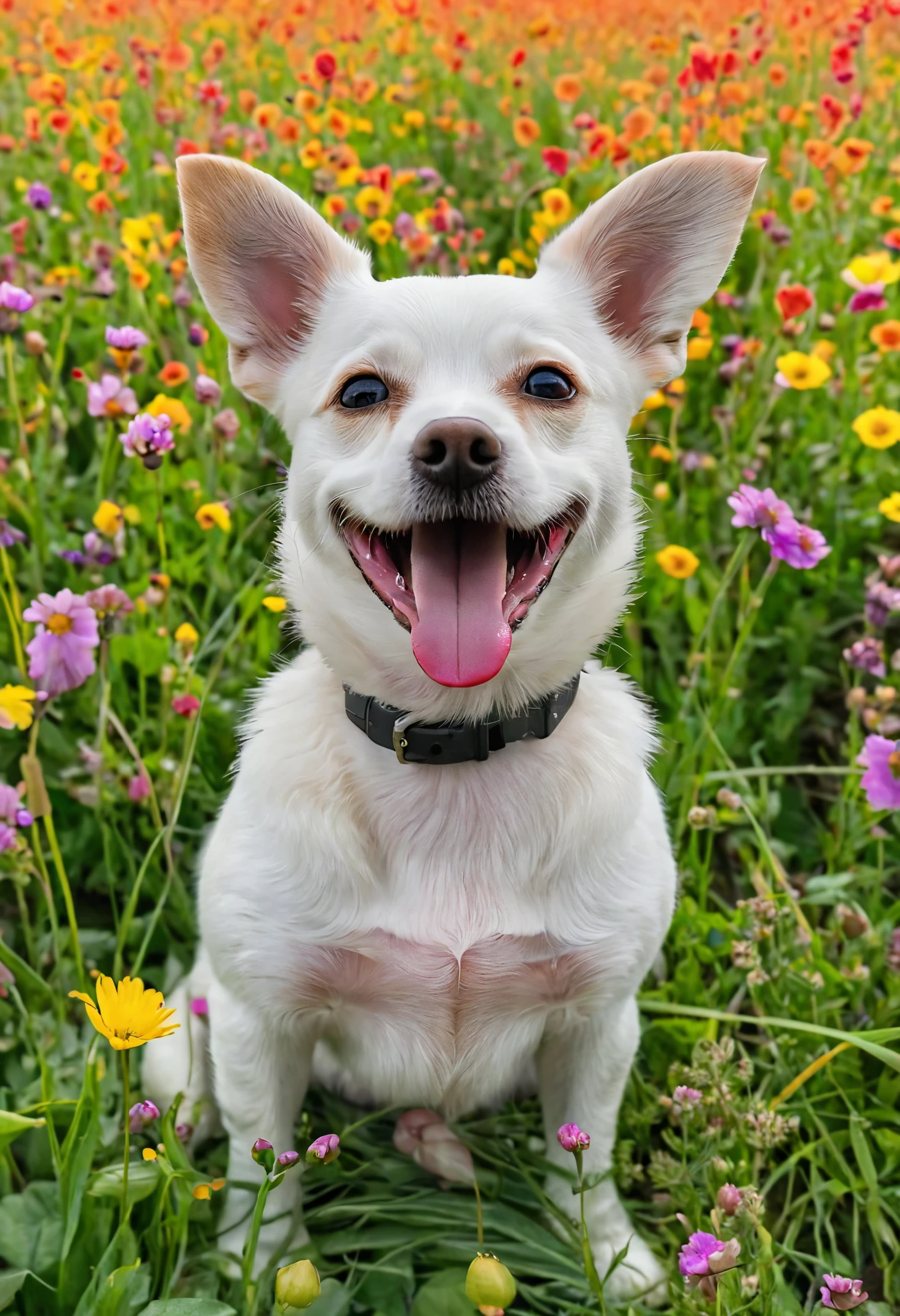 A dog sitting in a field smiling looking at the camera with tongue out, with the background being a field of flowers,