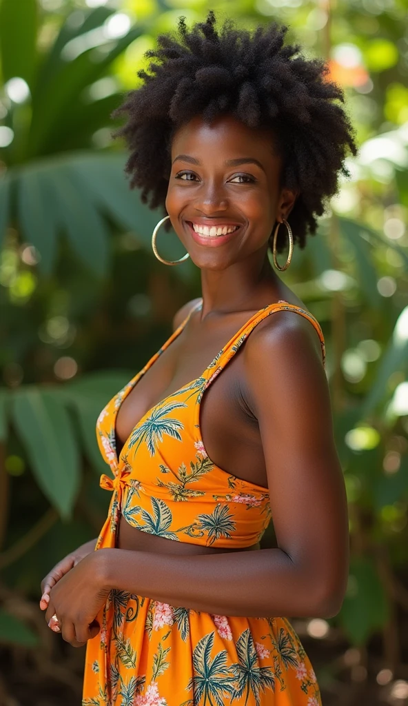 <lora:lowfi:1> lowfi, analogue style, black woman wearing black bikini in the jungle at dusk, smile at the camera