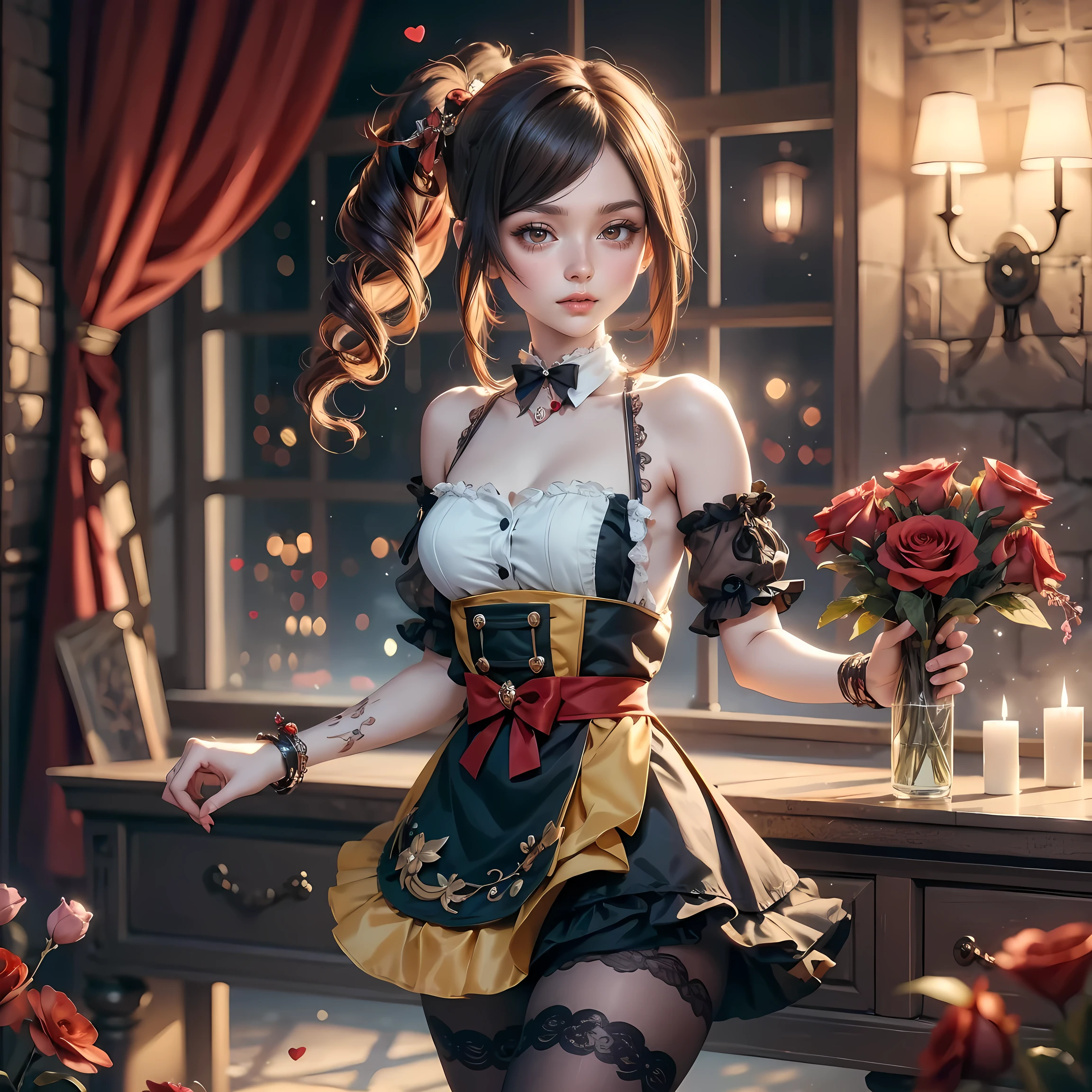 Chiori_(genshin impact), 1girl, casually sitting on top of a giant red heart made of glass, holding a medium bouquet full of red roses with both hands, red and black elegant expensive outfit, high heels, magical background, seductive smile, cowboy shot, dress, solo, buns hairstyle, ahoge, armpits, bare shoulders, harness, glow eyes, maid dress with bare shoulder, chest sarashi, collarbone, cowboy shot, stomach, strapless, white apron, maid dress, maid, streaked hair, thigh gap, very long hair, long flowing hair, floating hair, multicolored hair, magical girl, perfectly body, gold jewelry, twintails, jewelry, harness, Valentine's aesthetic, Cute beautiful slim hair, with big lips, freckles, blue eyes, long hair with long straight hair and bangs, perfect body, perfect hands,In black tights, thick thighs, prescription glasses, maid uniform, maid dress, maid apron, small skirt, harness, gold jewelry, more details, best quality, blushing, maid headdress, maid dress with too many frills, short skirt, sparkle, centered girls, cowboy shot, glowing hair, magical girl, sparkles, more details on her clothes, dress with transparency, golden details on her dress, night