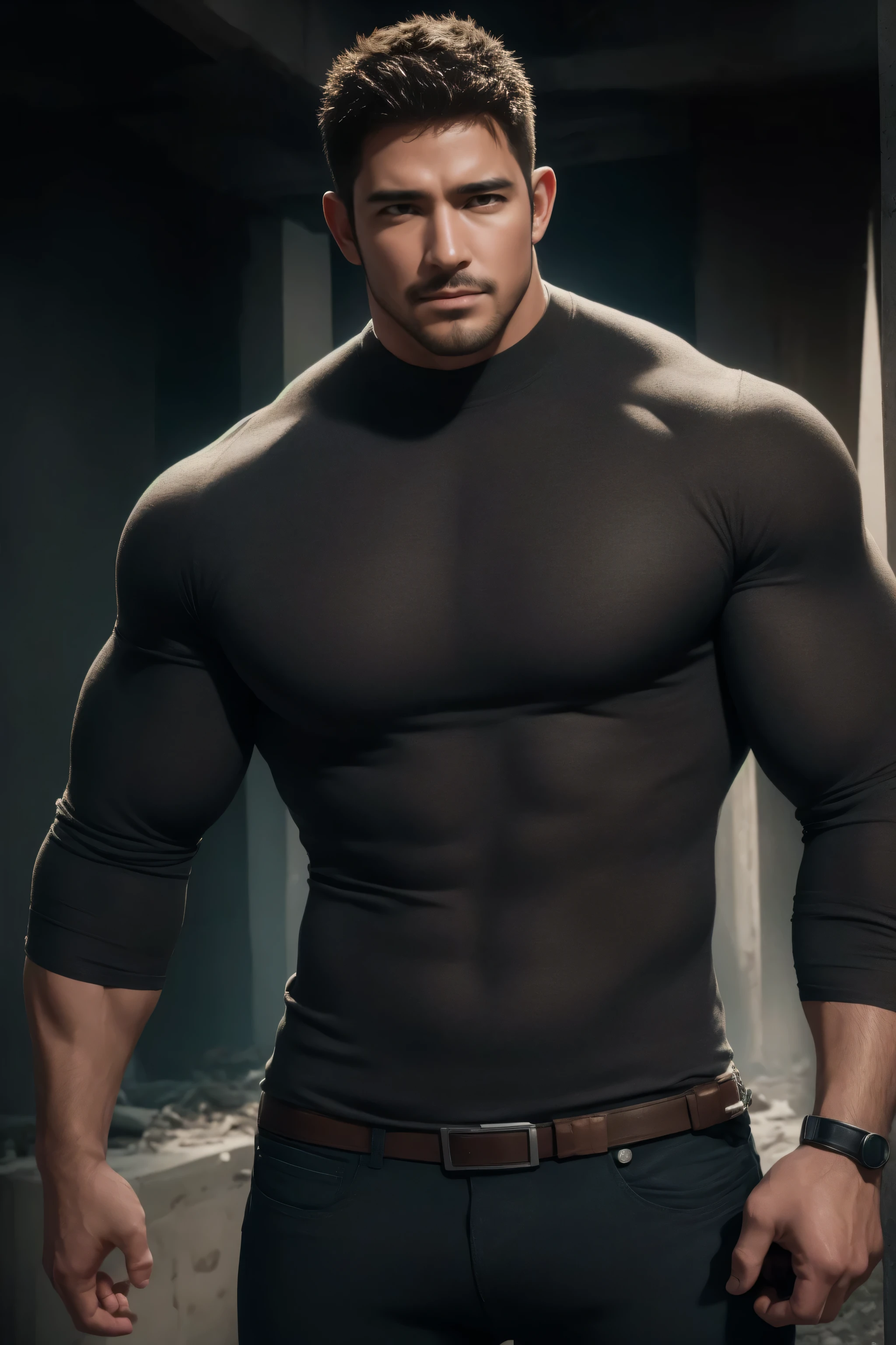 两个 Muscular男人深情拥抱着, VERY STRONG ,直角的肌肉肩,Flat head,Ruins in an abandoned city in the open air, 他背靠着脏污的墙壁, wearing a high-neck gray denim textured long sleeve tight t-shirt , Dirty body ,He has a sad expression, Lift your chin, messy hair , thick thighs , High Aims Neck Long Sleeve Gray Brown Superhero Bodysuit, Very tight, Regular symmetrical pattern, High Aimslight muscles, 警服裤, character concept (Resident Evil - Chris Redfield , Chris Redfield ) proud expression, Deep charming eyes, Heroic male pose, tall Burly, Muscular! Muscular thighs, Tough Guy, Perfect facial features, High Aims, Burly, Heqiang, Super exquisite and cool, High Aims Resolution Committee, Extraordinary Charm , The sun is strong, is dazzling