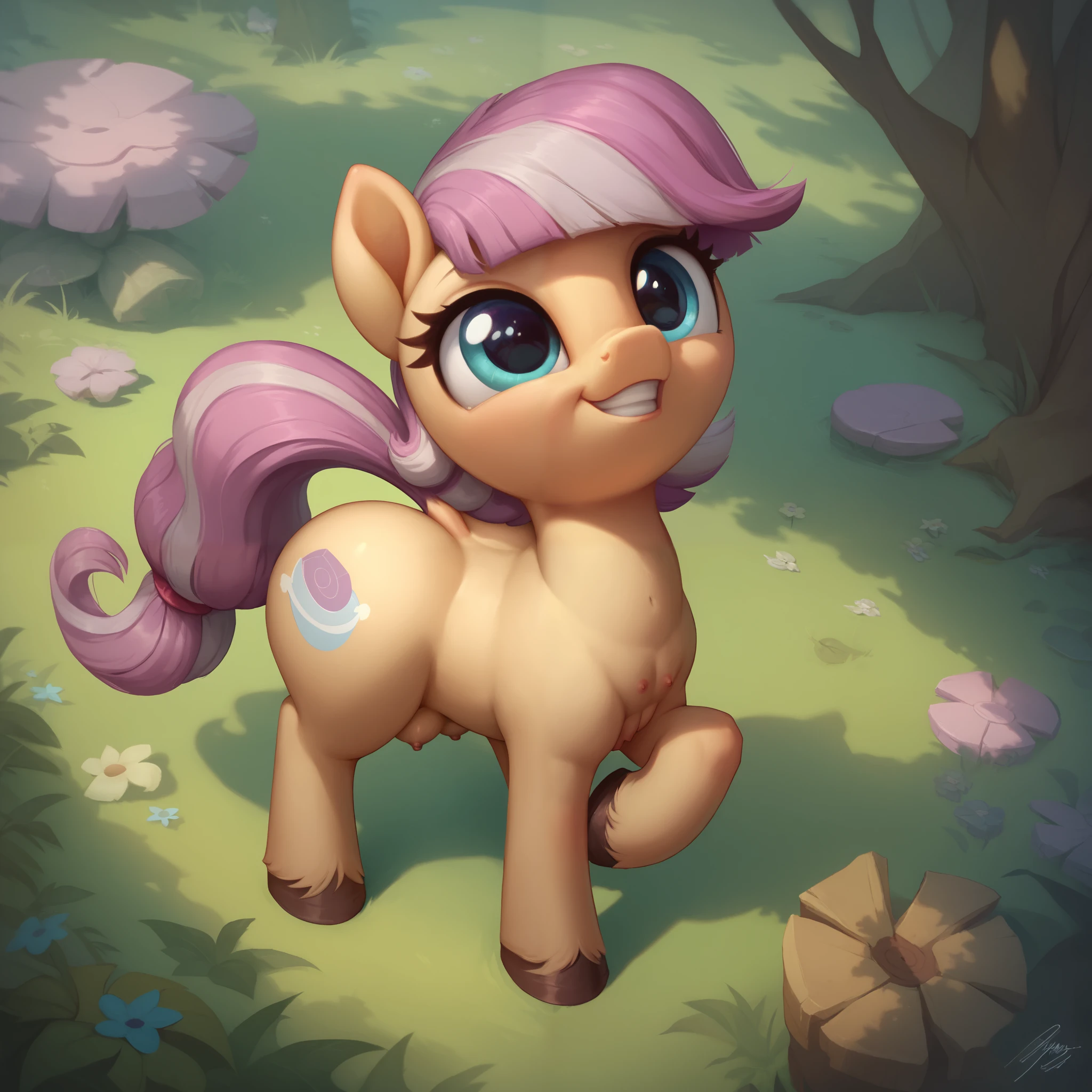 score_9, score_8_up, score_7_up, score_6_up, score_5_up, source pony, filly, Ponka anus, nsfw, solo, closeup, from above, my little pony, mlp, filly, detailed forest background, cute face, huge ass, horse teats, breasts, like a blimp, wide hips, big ass, tetrapod, for legged, 4hooves, pony anatomy,