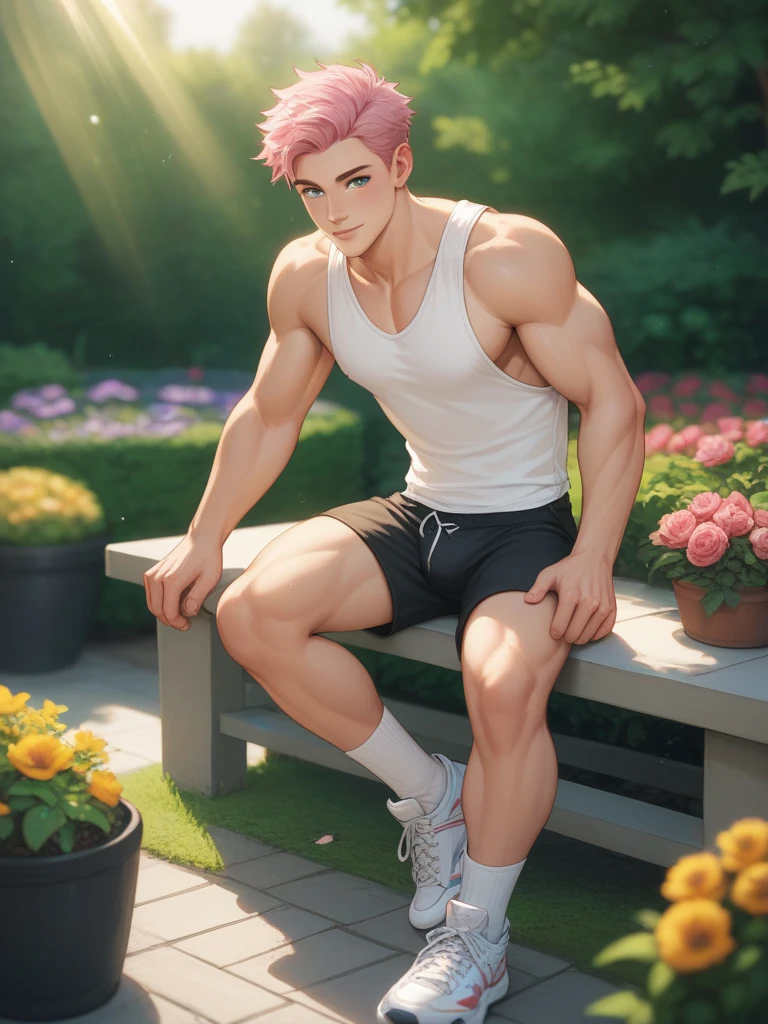 (masterpiece, best quality), 1boy，younge boy，???'s face，Juvenile faces，sideface，Lying naked in the grass，Covered in sweat，adolable，infancy，Young age，Short round face，Flat chin，Fine face in detail，Colored briefs，musculous, pink short hair, Sky blue eyes，opens his eyes wide, 复杂, full bodyesbian,nakeness，Croaking grin，Teal briefs,Pectoralis abdominal muscles，vivd colour,(depth of fields:1.2),(abs),looking at viewert，Lying in the grass，spread their legs，Large pink flowers，Flowers