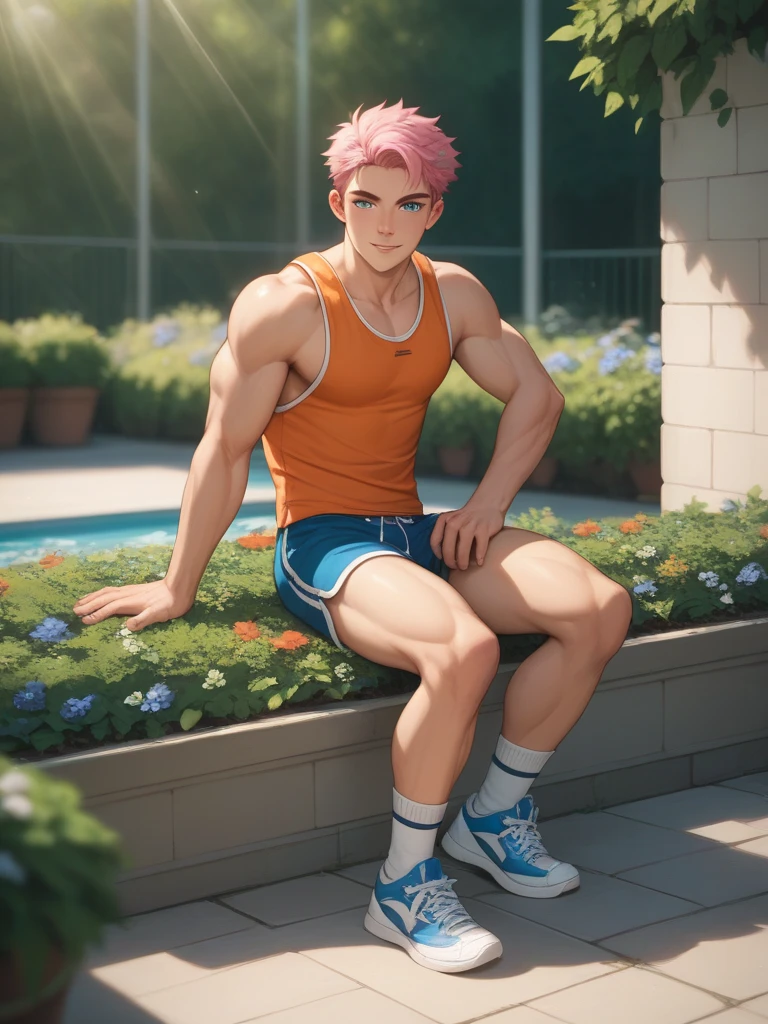 (masterpiece, best quality), 1boy，younge boy，???'s face，Juvenile faces，sideface，Lying naked in the grass，Covered in sweat，adolable，infancy，Young age，Short round face，Flat chin，Fine face in detail，Colored briefs，musculous, pink short hair, Sky blue eyes，opens his eyes wide, 复杂, full bodyesbian,nakeness，Croaking grin，Teal briefs,Pectoralis abdominal muscles，vivd colour,(depth of fields:1.2),(abs),looking at viewert，Lying in the grass，spread their legs，Large pink flowers，Flowers