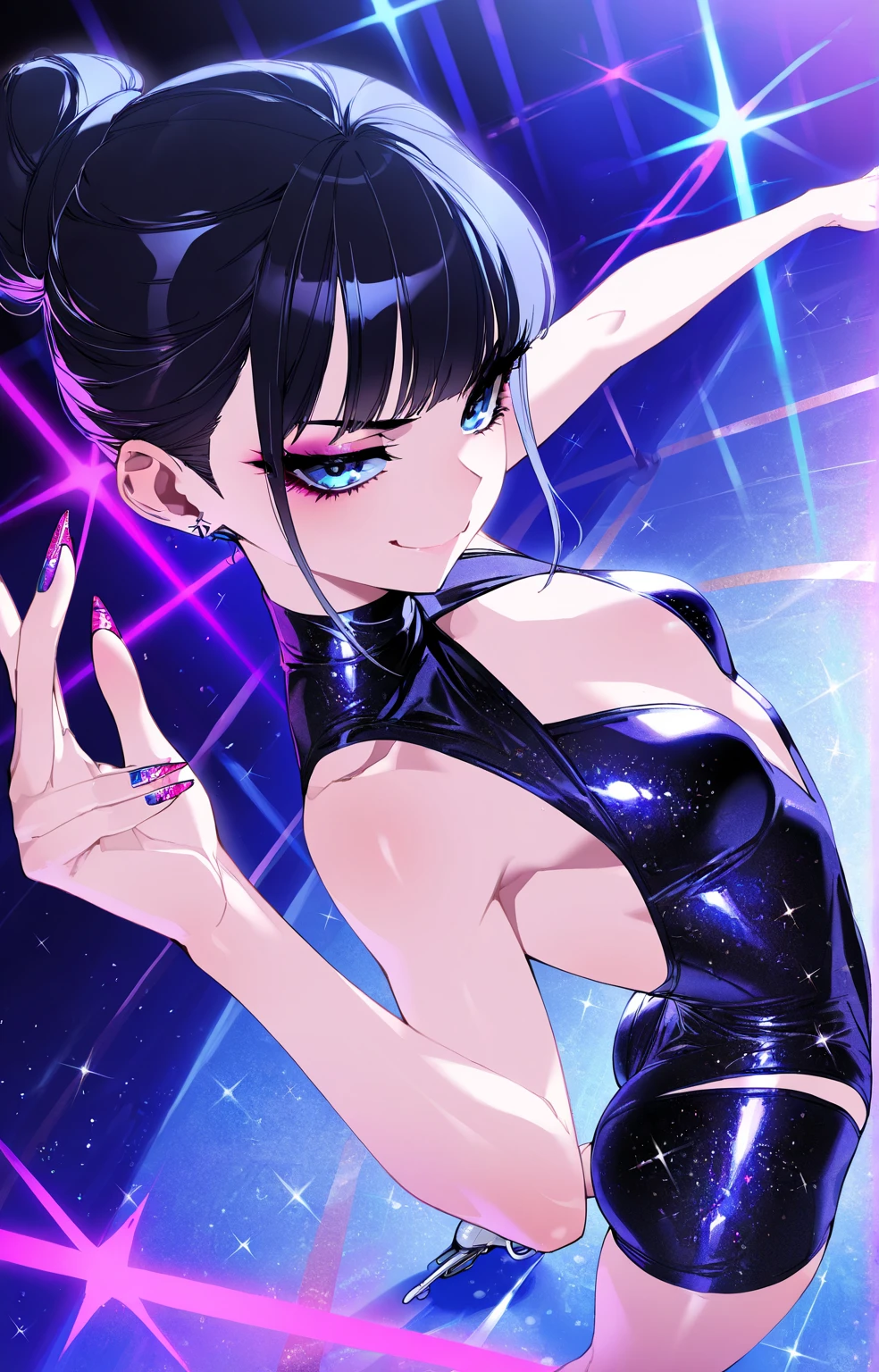 solo,upperbody,shiny black chignon,blunt bangs,midnight starry desgin hip hang,dance hall,hologram light,special stage,many color light,shiny, closed eyes smile mouth open,