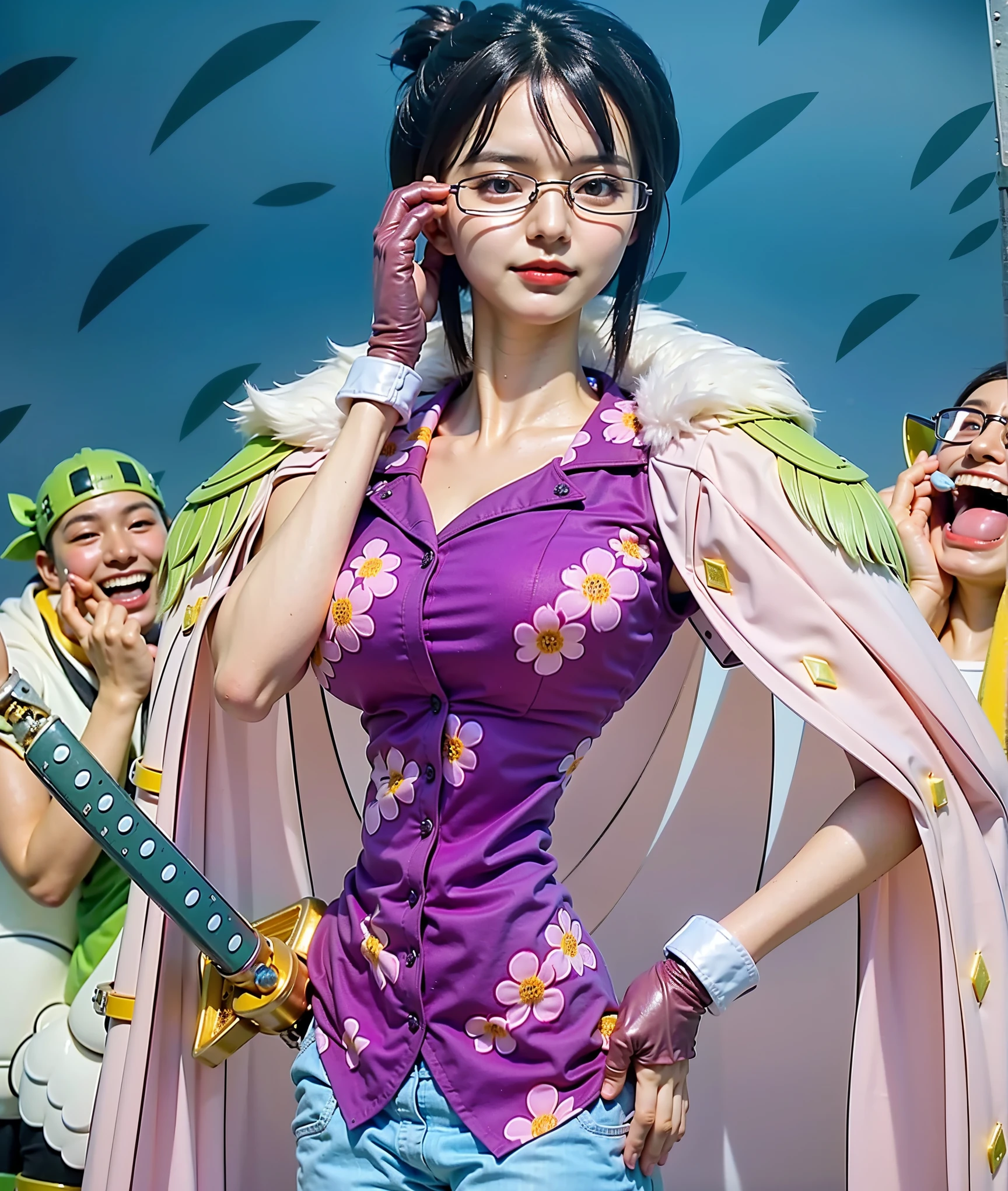 (Completely live action:1.37), (Amazingly realistic textures:1.37), (masterpiece, best quality:1.2), (8k uhd, 16k, 32k, ultra high res), amazingly realistic skin, amazingly realistic photo, superrealism, (photorealistic:1.37), (RAW photo), ultimately realistic, (ultimately realistic all details), (ultimately realistic all textures), super realistic lighting, super realistic shadow, (japanese girl:1.5), ((young face)), smiling, happy, super realistic face, ultimately realistic skin, ultimately realistic eyes, (amazing droopy eye makeup:1.35), ultimately realistic background, ultimately realistic detail up, kkw-ph1, ((amazing droopy eyes, cyberpunk-style cyborg girl, amazingly intricate details, Anatomically perfect hands, sel-frame glasses))