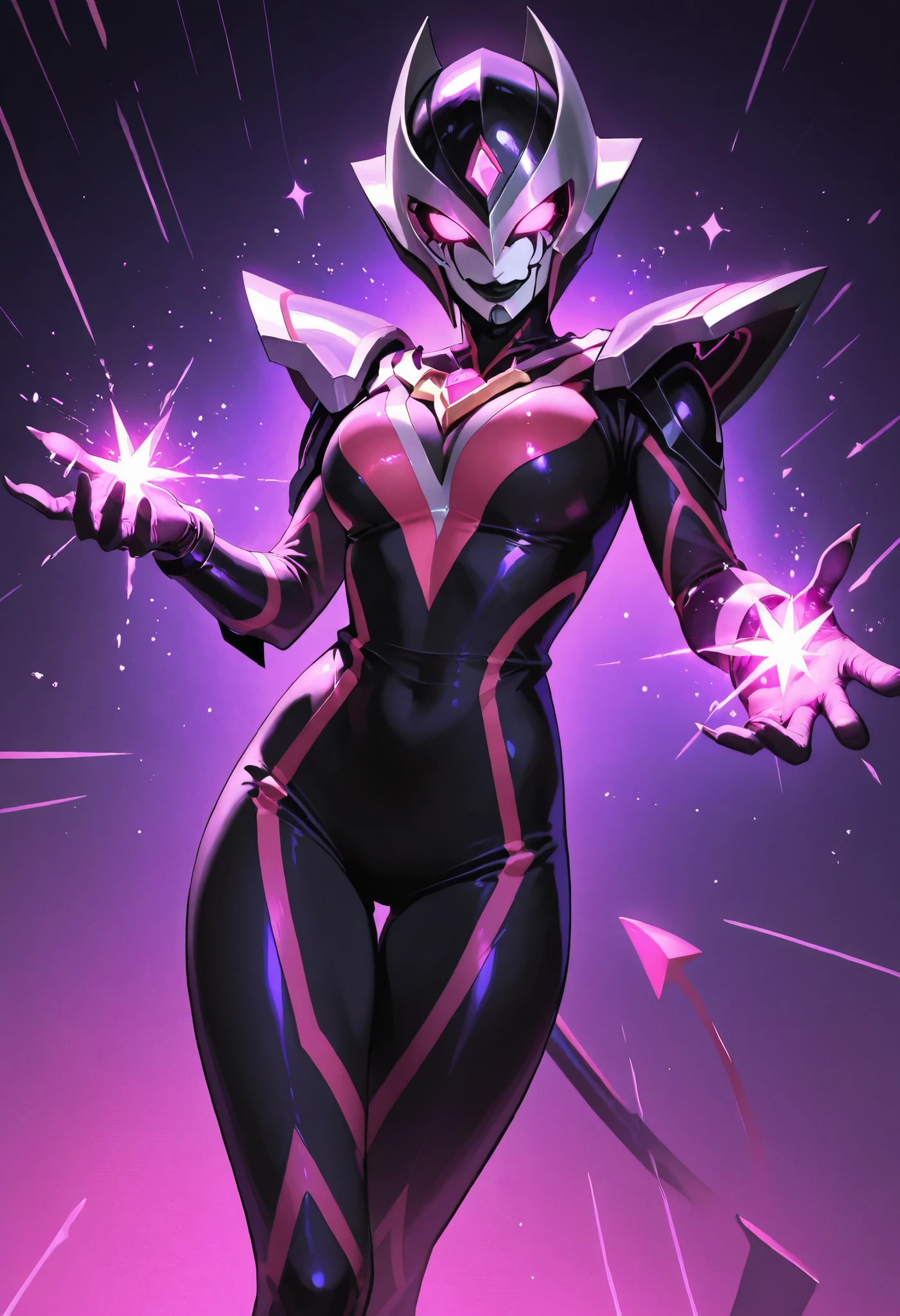 Dark UltraWoman. （high quality）（luster）（(Black Face and red eyeline)）（Black and purple thema color. black helmet. A full-face helmet. Pink lines. Purple glowing mechanical eyes. The whole body is covered with a black bodysuit. Thick legs. Spike decoration. Pink lines all over the body. Heart tattoo . purple coloreye. pink glow crystal. pink sharp claw. Night background.