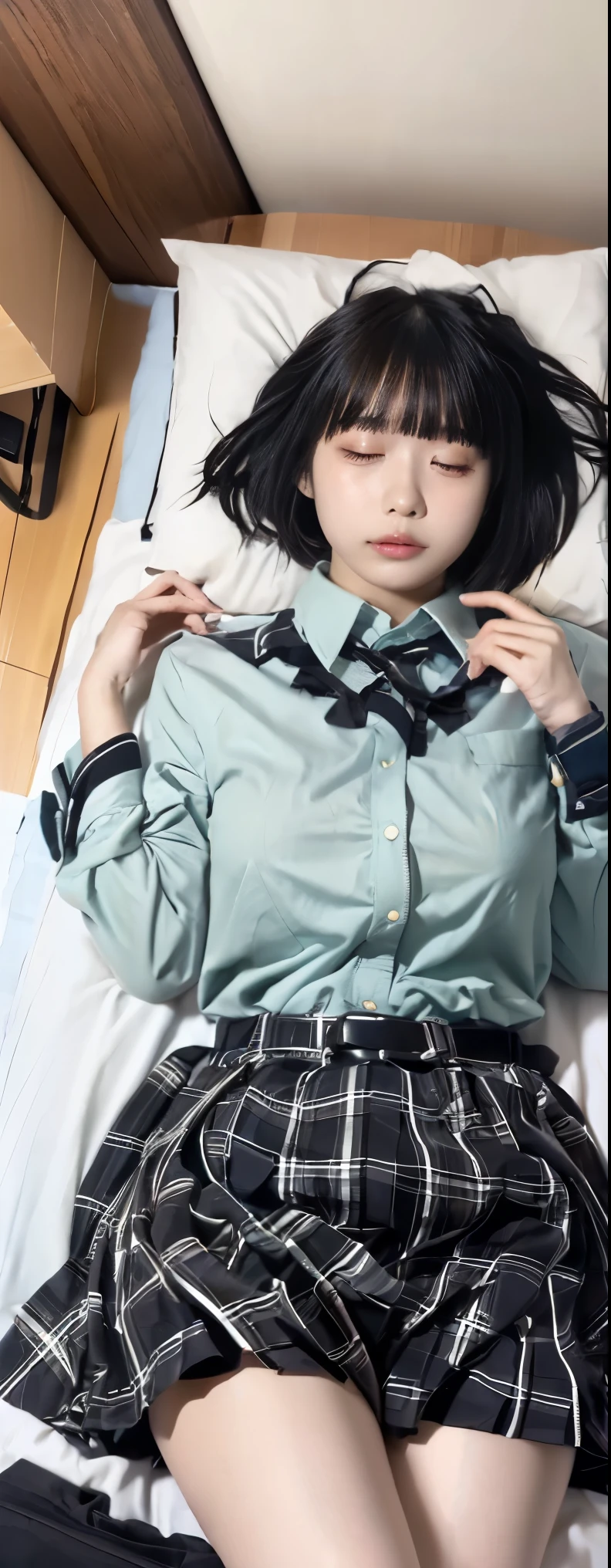 masterpiece, top quality , Illustration of , very well detailed , Details, high res, 8k, wallpaper, perfect dynamic configuration ,( Detailsで高品質, realistic eye depiction :1.3), lies in bed , short hair, ( wave hair:1.2), high school classroom 、 High School Girl Uniform、 ultra short plaid uniform skirt with handcuffs and collar 、Colossal 、Disheveled uniform, Big Breasts, black hair, big natural colored lips, bold and sexy poses, is crying a little、 Harajuku style、 20 year old girl、 cute type、、 hotel room , sexy shot , Makeup , ( lie on your back , sleeping in bed , the above), (( overhead shot)),