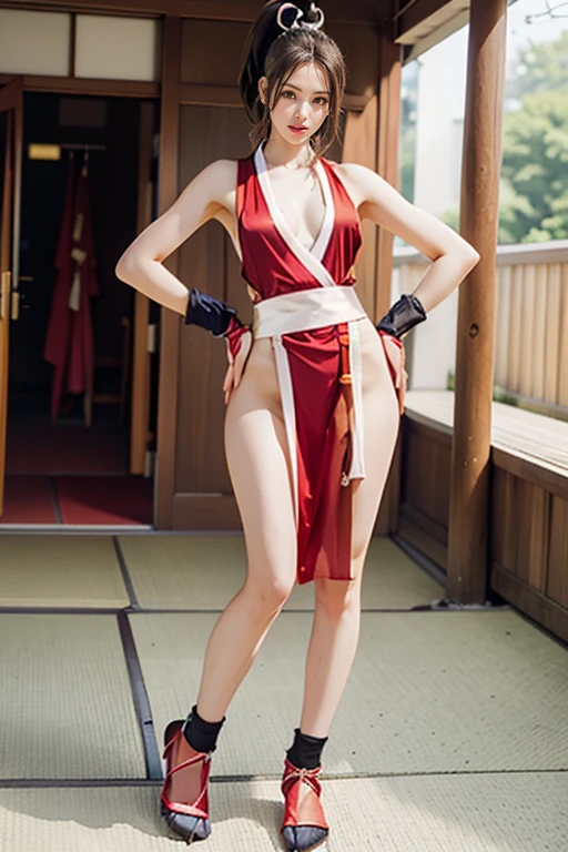 (mai shiranui:1.6), (tabi:2.0), (toe:1.2), (Full body portrait:2.0), Full body, (Realism), (masutepiece:2.0), (Best Quality), (ultra-detailliert), (8K, 4K, Convoluted), (Flat Lighting:1.2), (skinny), Prestige, Brown eyes, Long hair, brown eyes, long hair, brown hair, white ribbon, sleeveless, ponytail, sash, pelvic curtain, arm guards, gloves, tabi, fascinated expression, Sexy eyes, slim, medium breasts, Smile, Cute, view the viewer, Long hair, Close to Japan temple, (breasts focus:1.2), (Realistic:1.2), (Full Shot: 1.2), (85 mm), light Particle, Lighting, (Highly detailed:1.2), (Detailed face:1.2), (gradients), SFV, Colorful, (Detailed eyes:1.2), (Detailed temples of Japan: 1.2),(Detailed background), (Dynamic Angle:1.2), (Line of action:1.2), Wide Shot, Daylight, Solo.