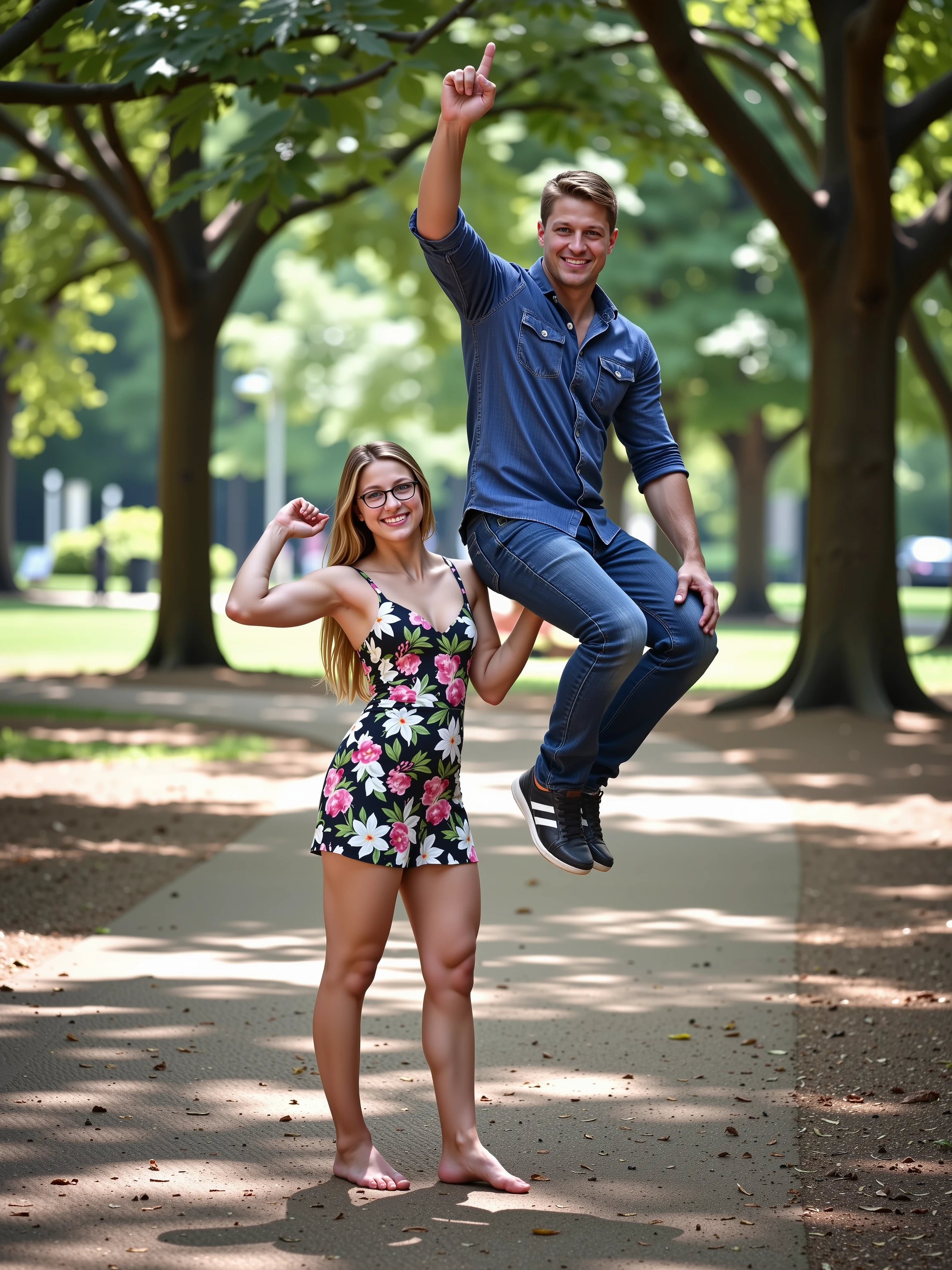 A longshot photograph capturing a ite, athletic, slim,  girl with her arm straight up while effortlessly holding a larger man aloft sitting on the palm of her left hand. [The girl has long blonde hair and is dressed in a sun dress, 5’ tall, cleavage, glasses, muscular, smiling while exuding confidence. She is flexing her right bicep]. [The man is large, 6’ tall, wearing jeans and a blue shirt, is relaxed and sitting on her hand]. The setting is a park, with soft, natural light filtering through, casting subtle shadows.