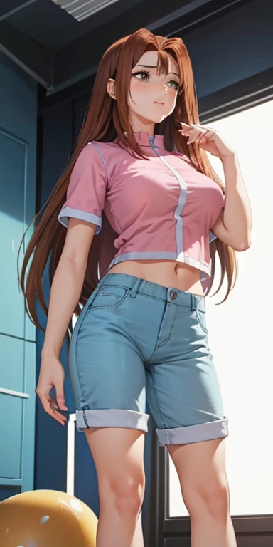 18 year old girl, long hair, brown eyes, small breasts, normal hips, open legs, tight white shirt, blue shorts 